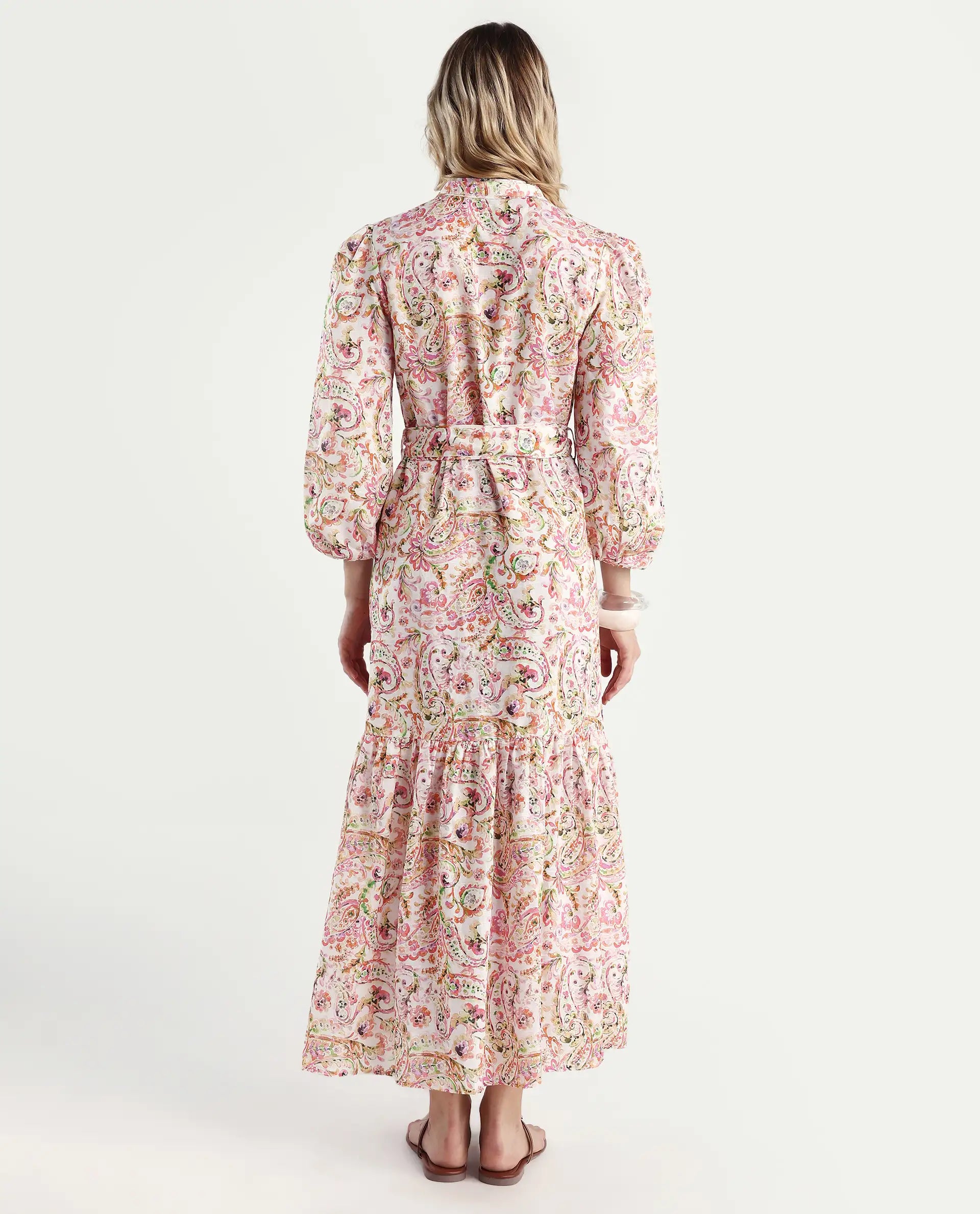 Rareism Women's Koa Light Multi Cotton Blend V-Neck Paisley Print Cuffed Sleeve Midi A-Line Dress