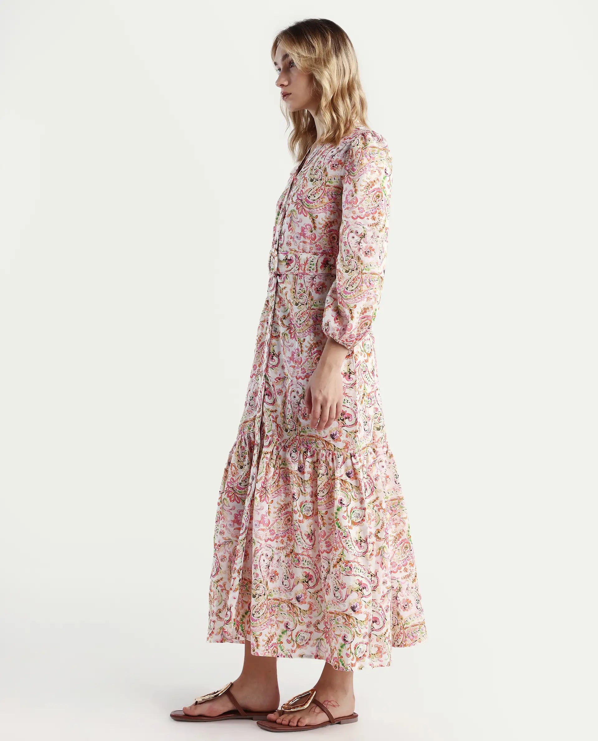 Rareism Women's Koa Light Multi Cotton Blend V-Neck Paisley Print Cuffed Sleeve Midi A-Line Dress