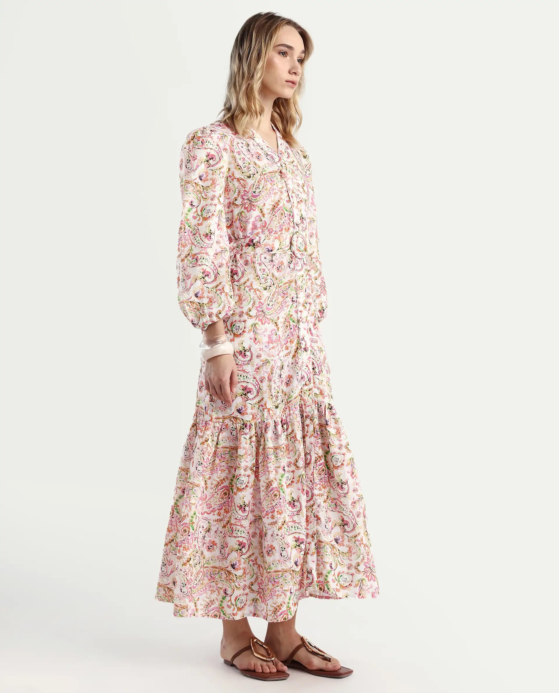 Rareism Women's Koa Light Multi Cotton Blend V-Neck Paisley Print Cuffed Sleeve Midi A-Line Dress