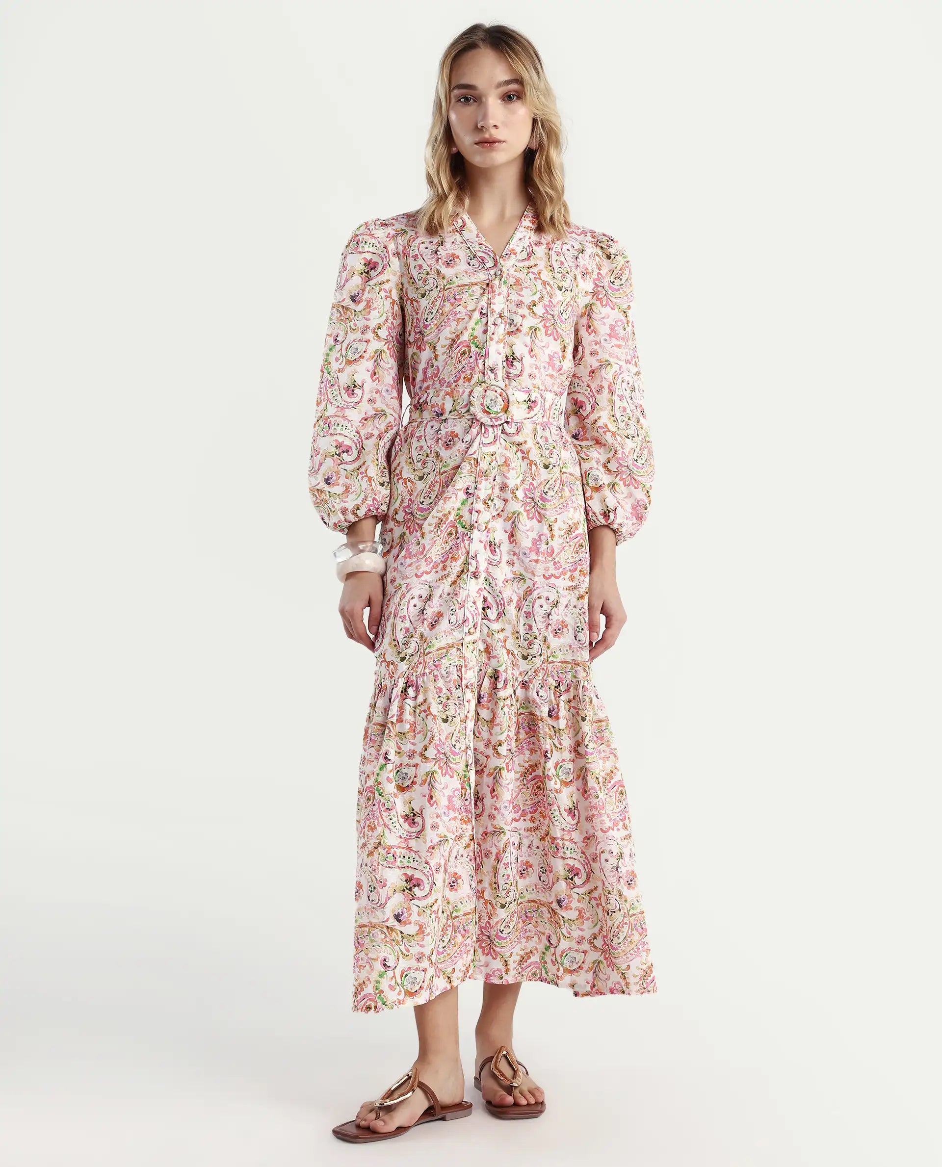 Rareism Women's Koa Light Multi Cotton Blend V-Neck Paisley Print Cuffed Sleeve Midi A-Line Dress