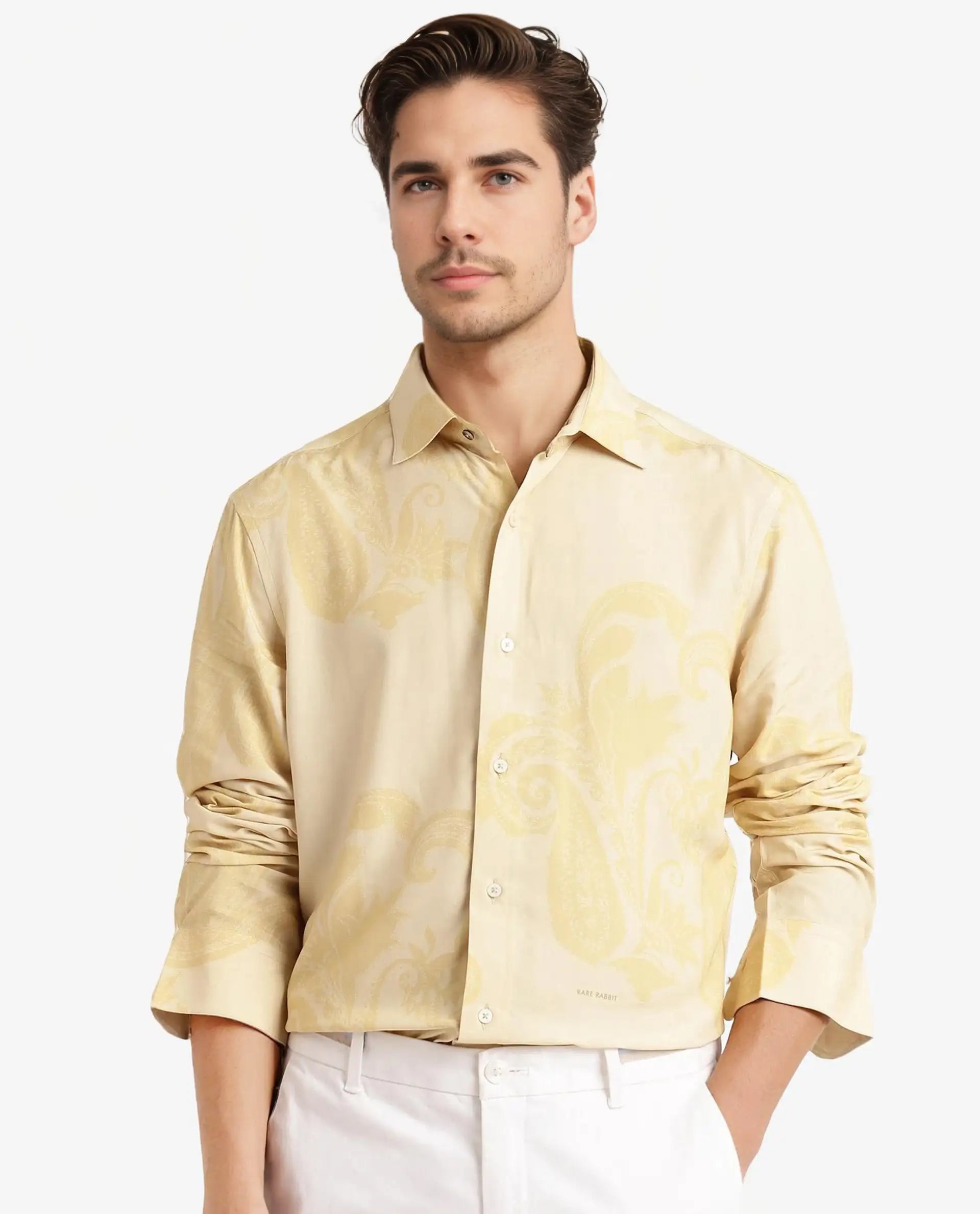Rare Rabbit Men's Koigi Dusky Yellow Viscose Paisley Print Regular Fit Full Sleeve Collared Shirt