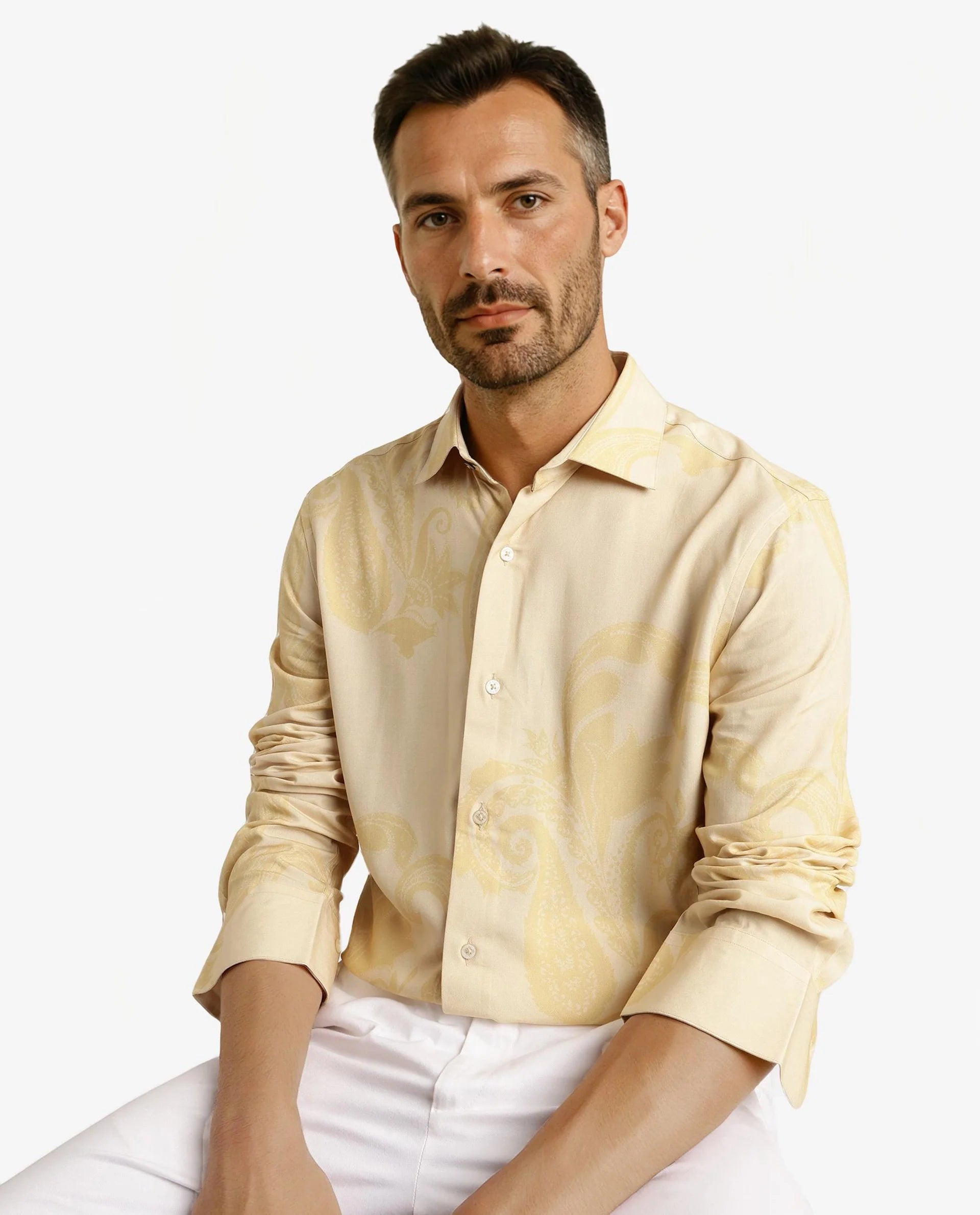 Rare Rabbit Men Koigi Dusky Yellow Viscose Fabric Full Sleeve Regular Paisley Printed Shirt