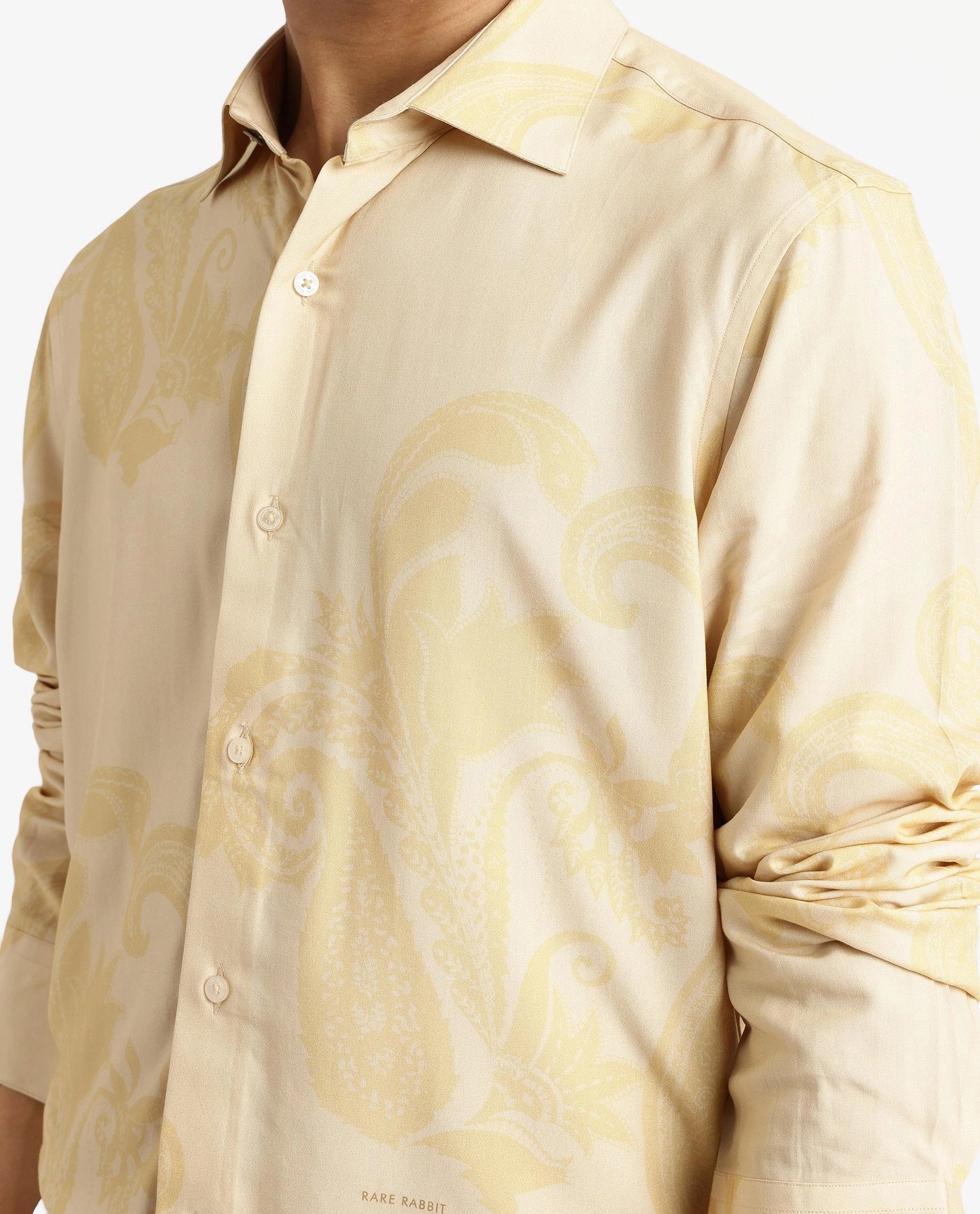 Rare Rabbit Men's Koigi Dusky Yellow Viscose Paisley Print Regular Fit