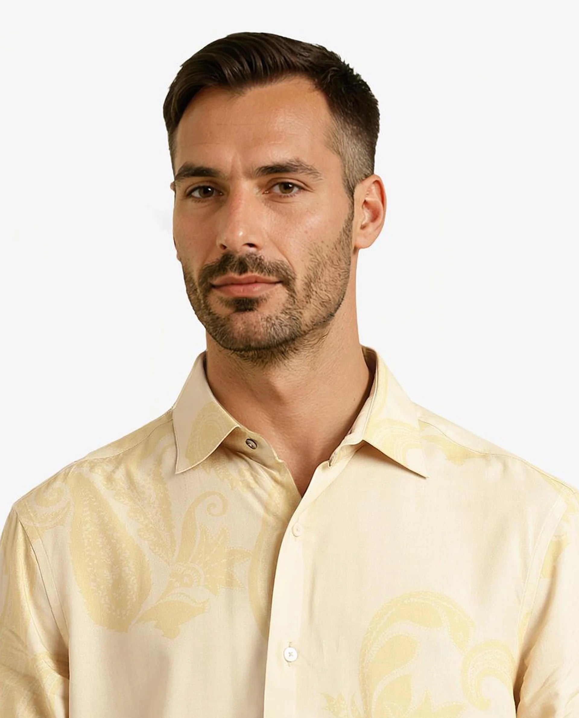 Rare Rabbit Men Koigi Dusky Yellow Viscose Fabric Full Sleeve Regular Paisley Printed Shirt