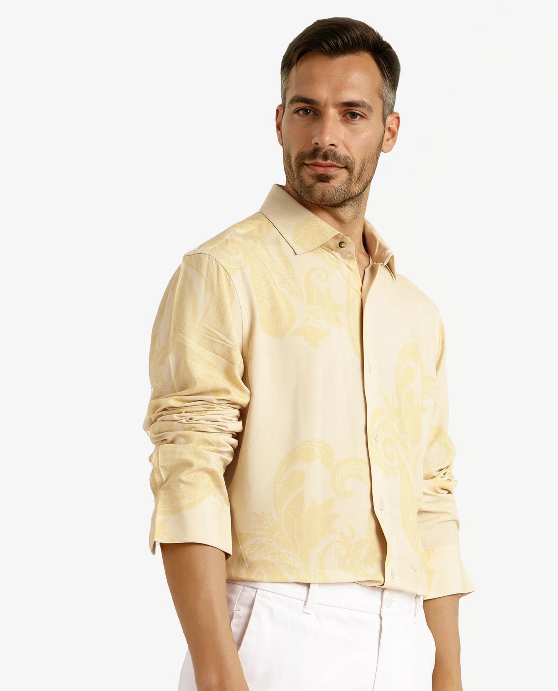 Rare Rabbit Men Koigi Dusky Yellow Viscose Fabric Full Sleeve Regular Paisley Printed Shirt