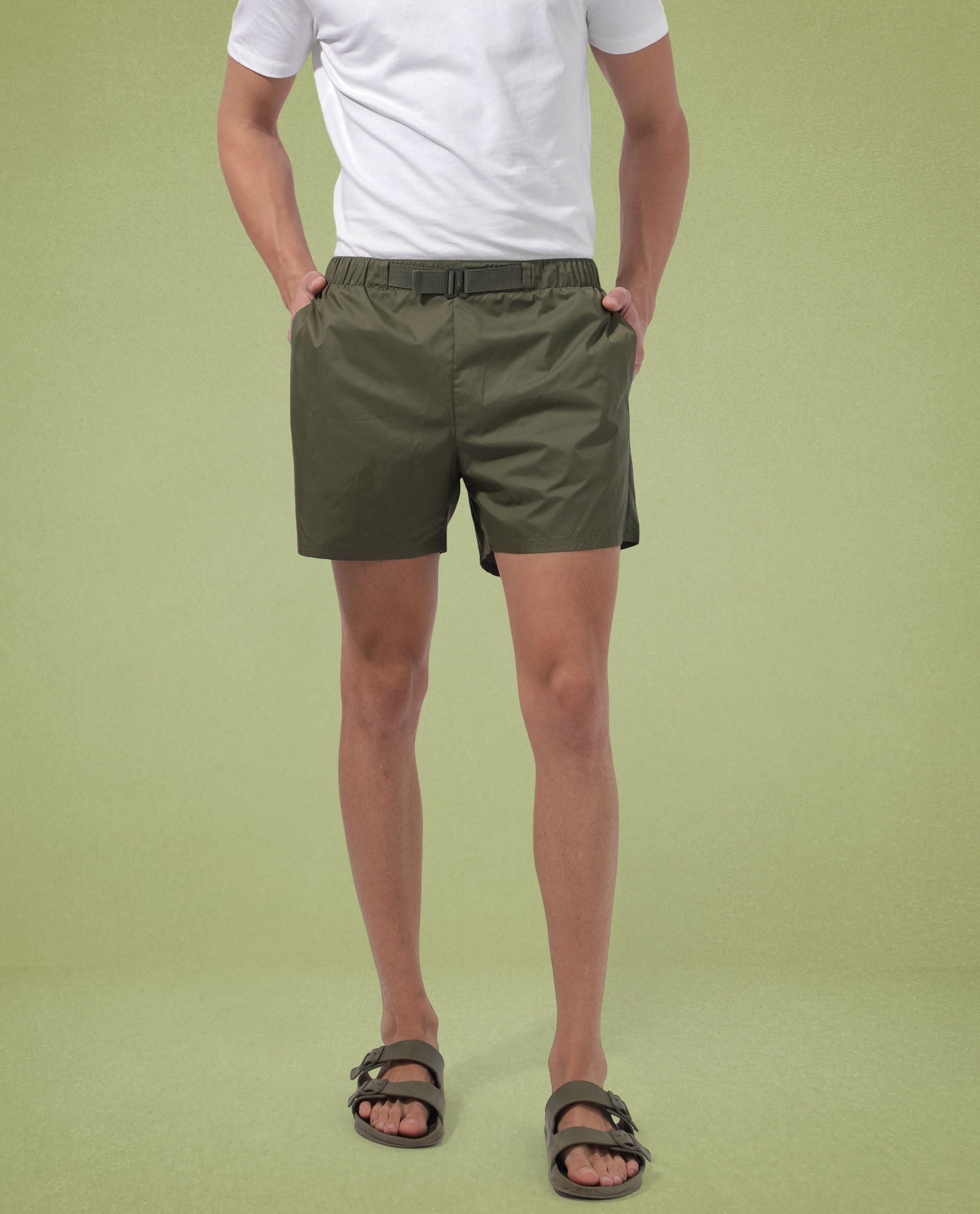 Rare Rabbit Men's Kort Green Polyester Fabric Buckle Fastening Regular Fit Solid Shorts