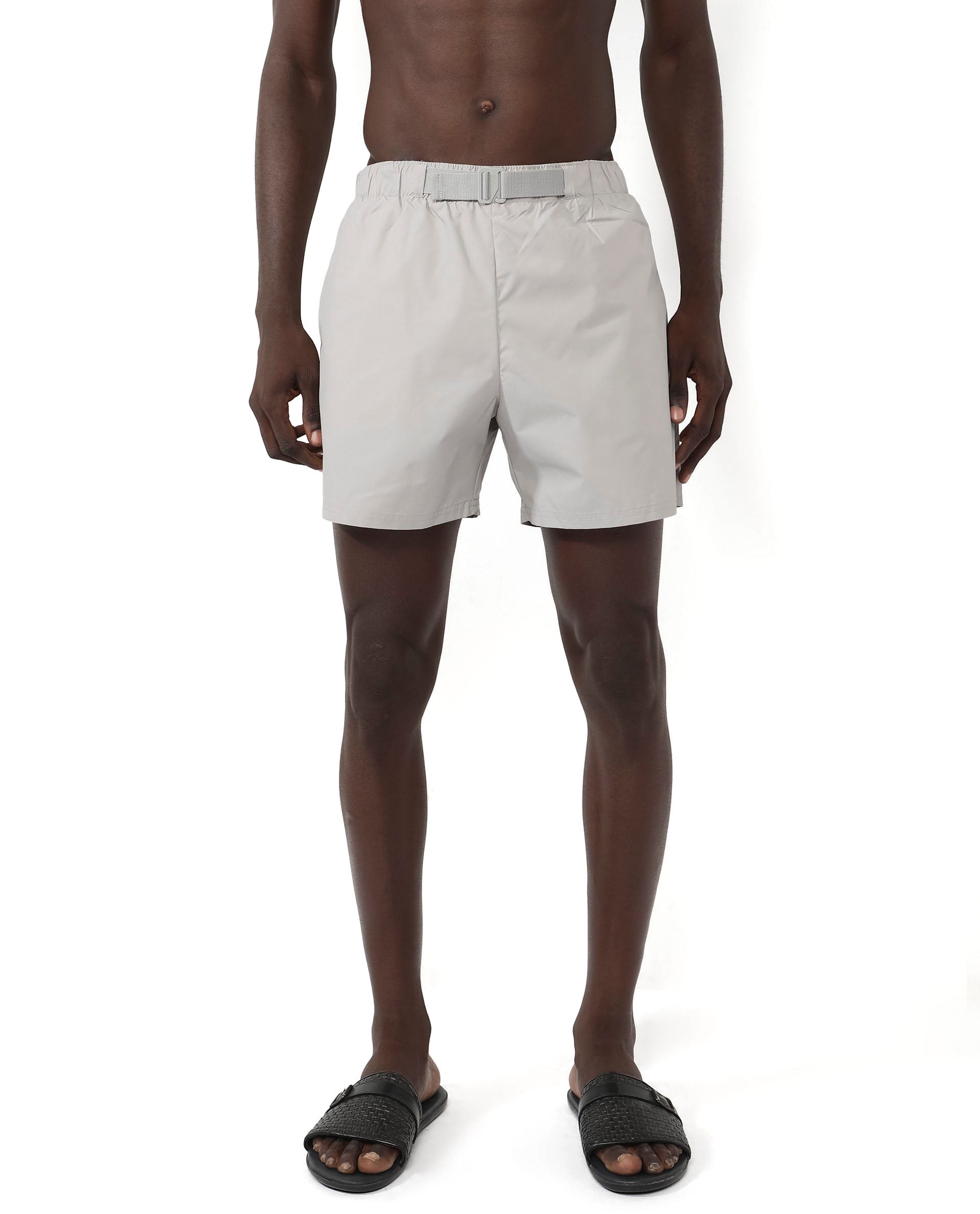 Rare Rabbit Men's Kort Grey Polyester Fabric Buckle Fastening Regular Fit Solid Shorts