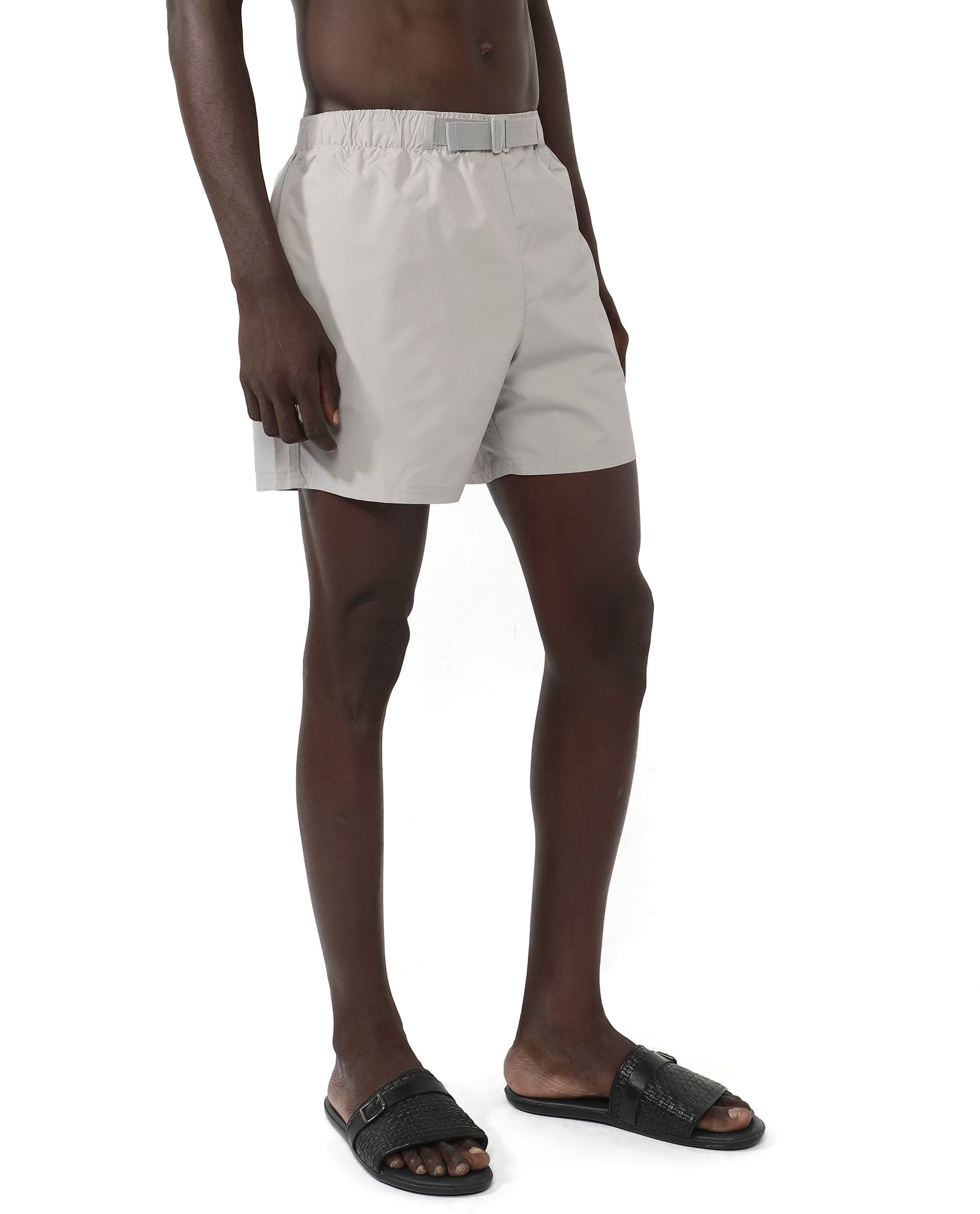 Rare Rabbit Men's Kort Grey Polyester Fabric Buckle Fastening Regular Fit Solid Shorts