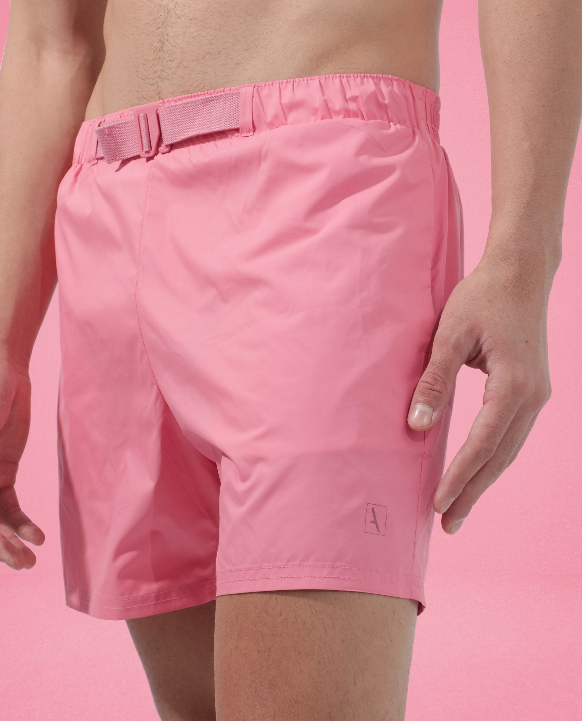 Rare Rabbit Men's Kort Light Pink Polyester Fabric Buckle Fastening Regular Fit Solid Shorts