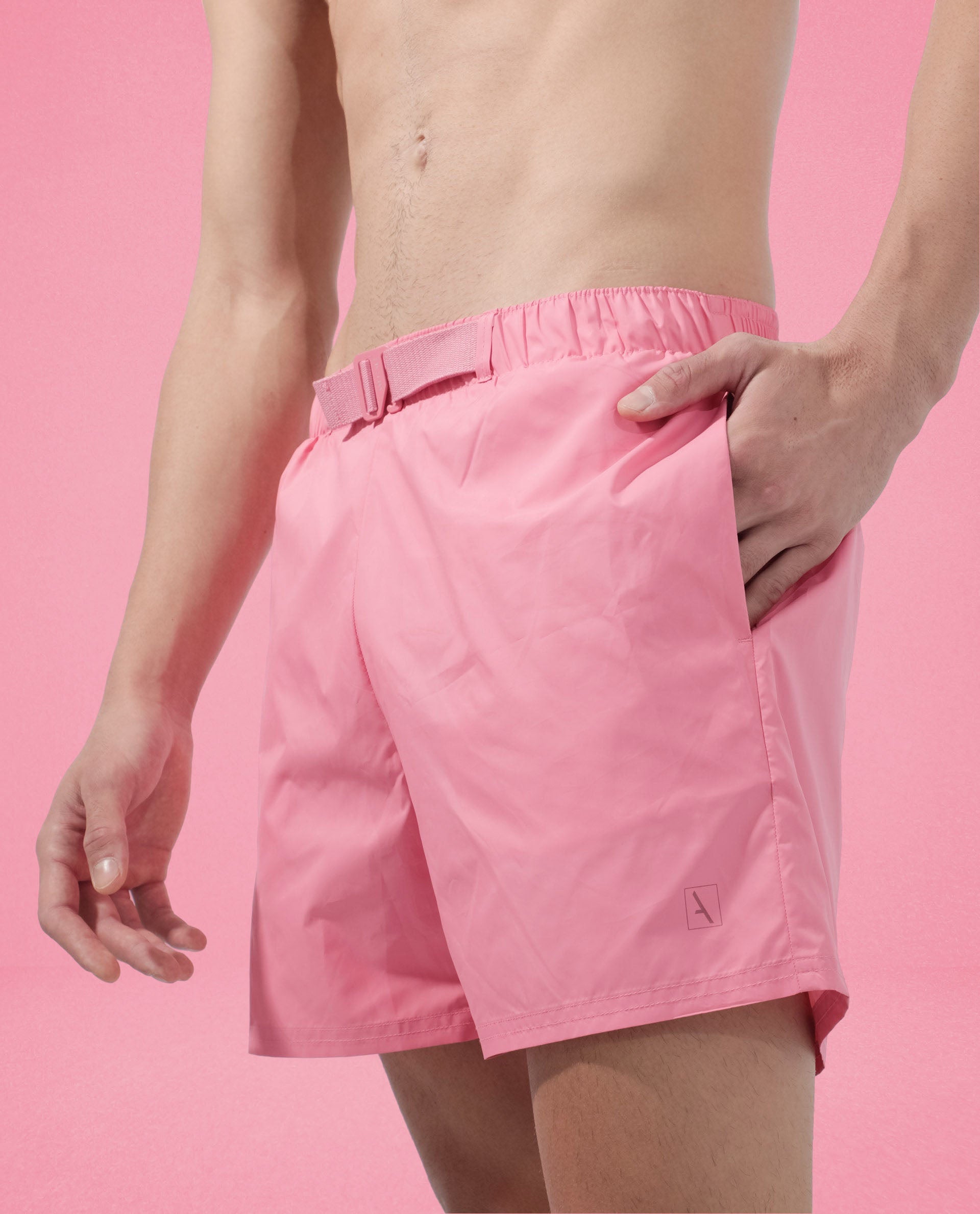 Rare Rabbit Men's Kort Light Pink Polyester Fabric Buckle Fastening Regular Fit Solid Shorts