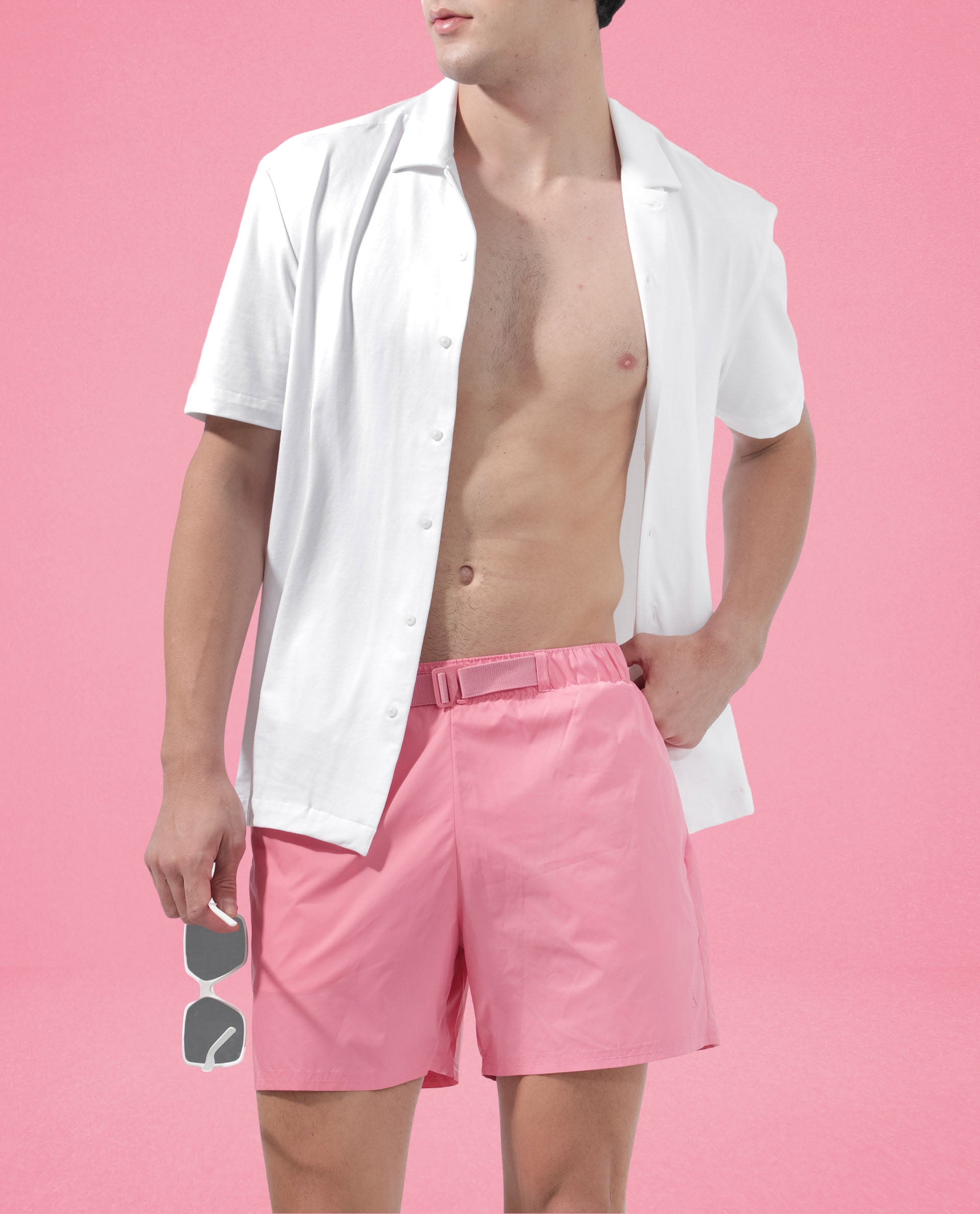 Rare Rabbit Men's Kort Light Pink Polyester Fabric Buckle Fastening Regular Fit Solid Shorts