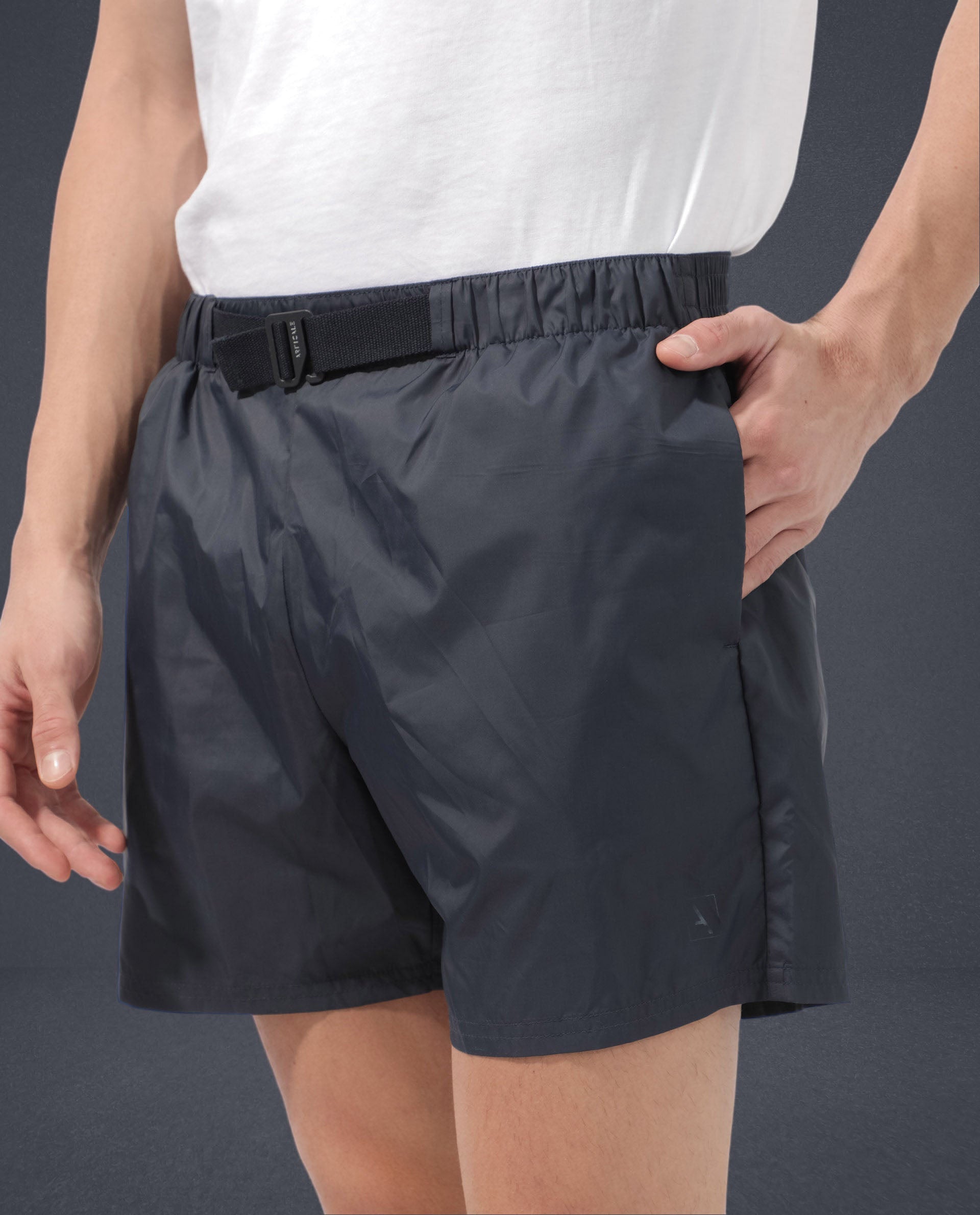 Rare Rabbit Men's Kort Navy Polyester Fabric Buckle Fastening Regular Fit Solid Shorts