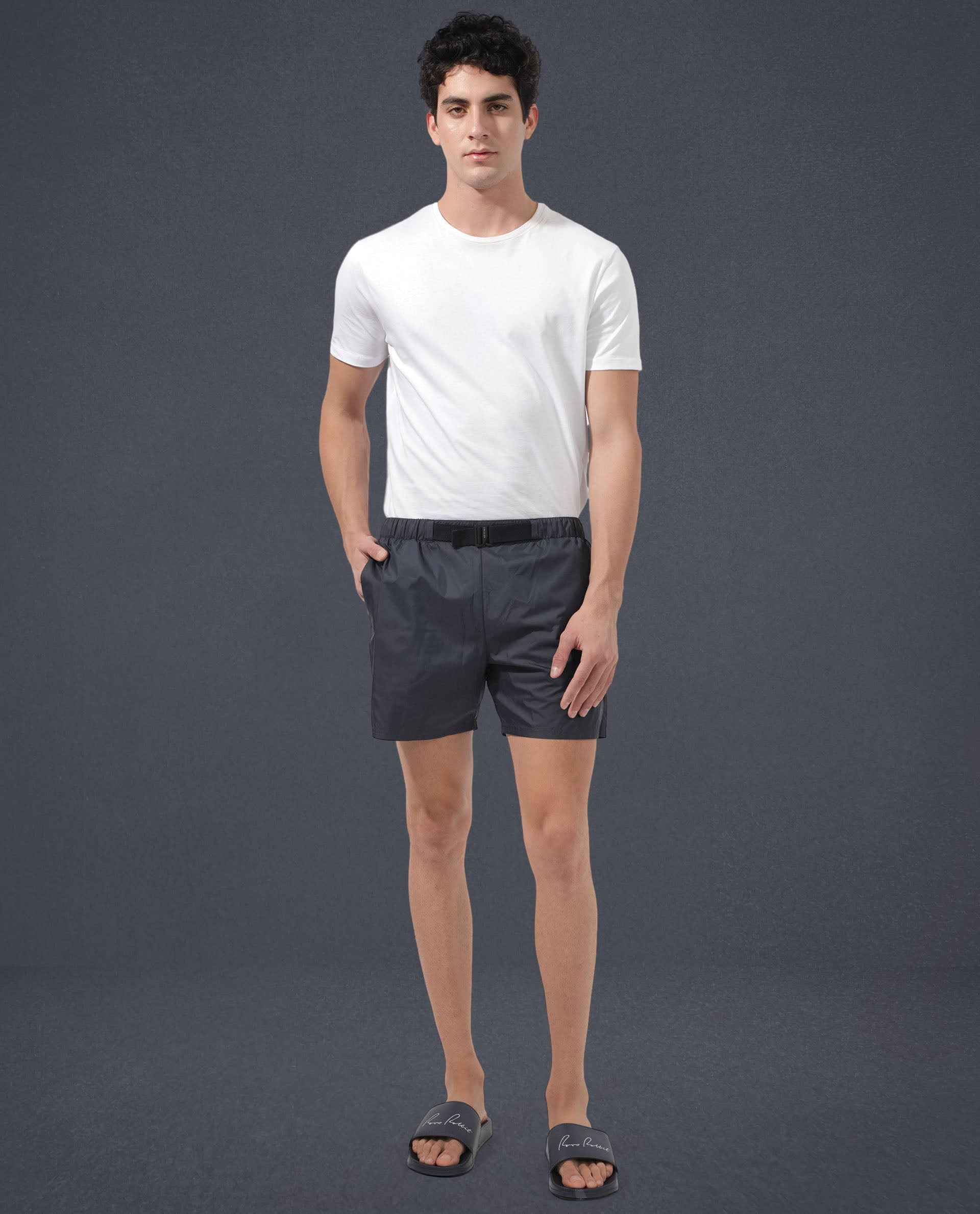 Rare Rabbit Men's Kort Navy Polyester Fabric Buckle Fastening Regular Fit Solid Shorts