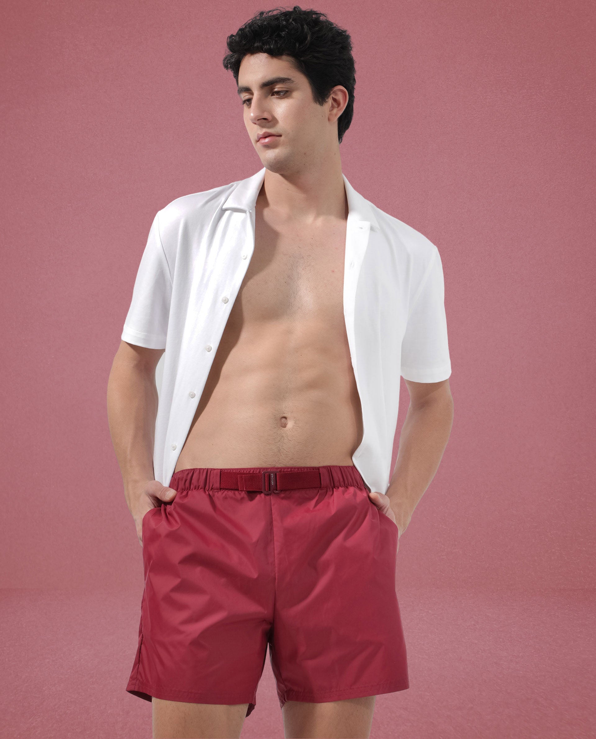 Rare Rabbit Men's Kort Red Polyester Fabric Buckle Fastening Regular Fit Solid Shorts