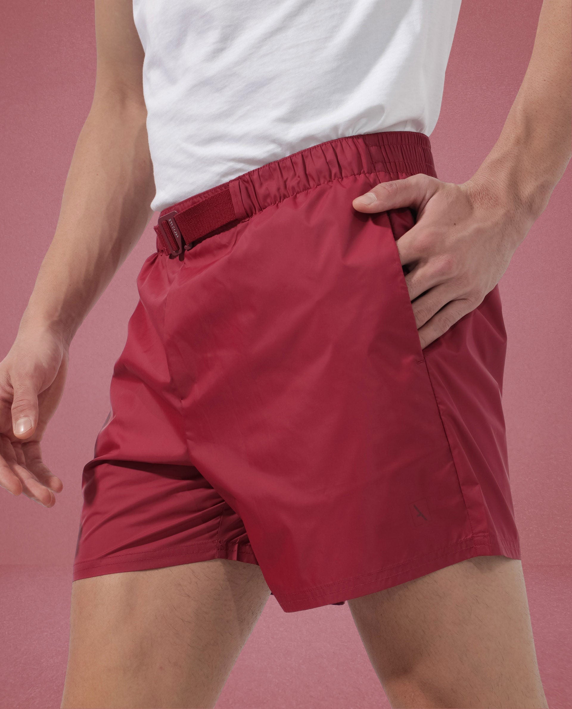 Rare Rabbit Men's Kort Red Polyester Fabric Buckle Fastening Regular Fit Solid Shorts