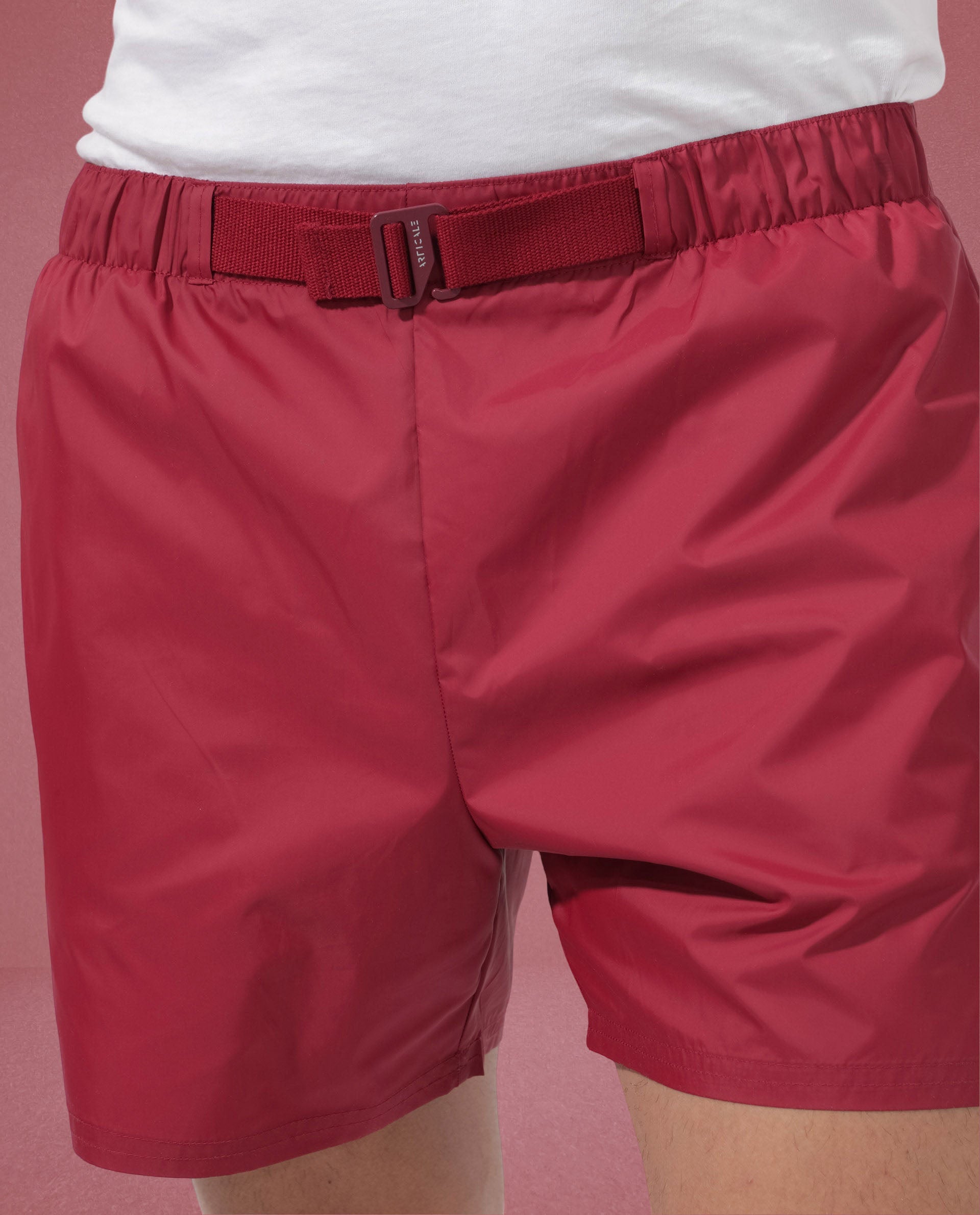Rare Rabbit Men's Kort Red Polyester Fabric Buckle Fastening Regular Fit Solid Shorts