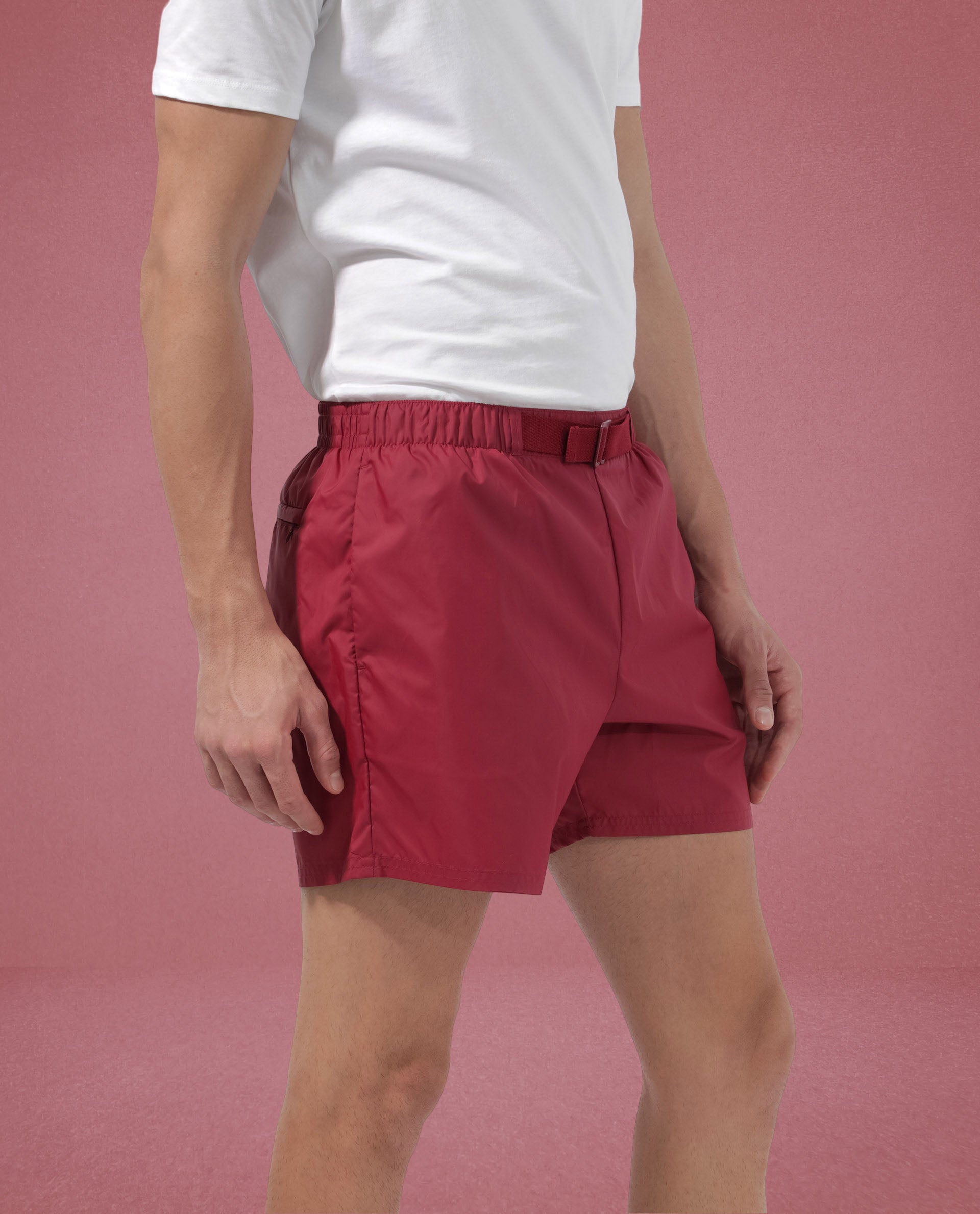 Rare Rabbit Men's Kort Red Polyester Fabric Buckle Fastening Regular Fit Solid Shorts