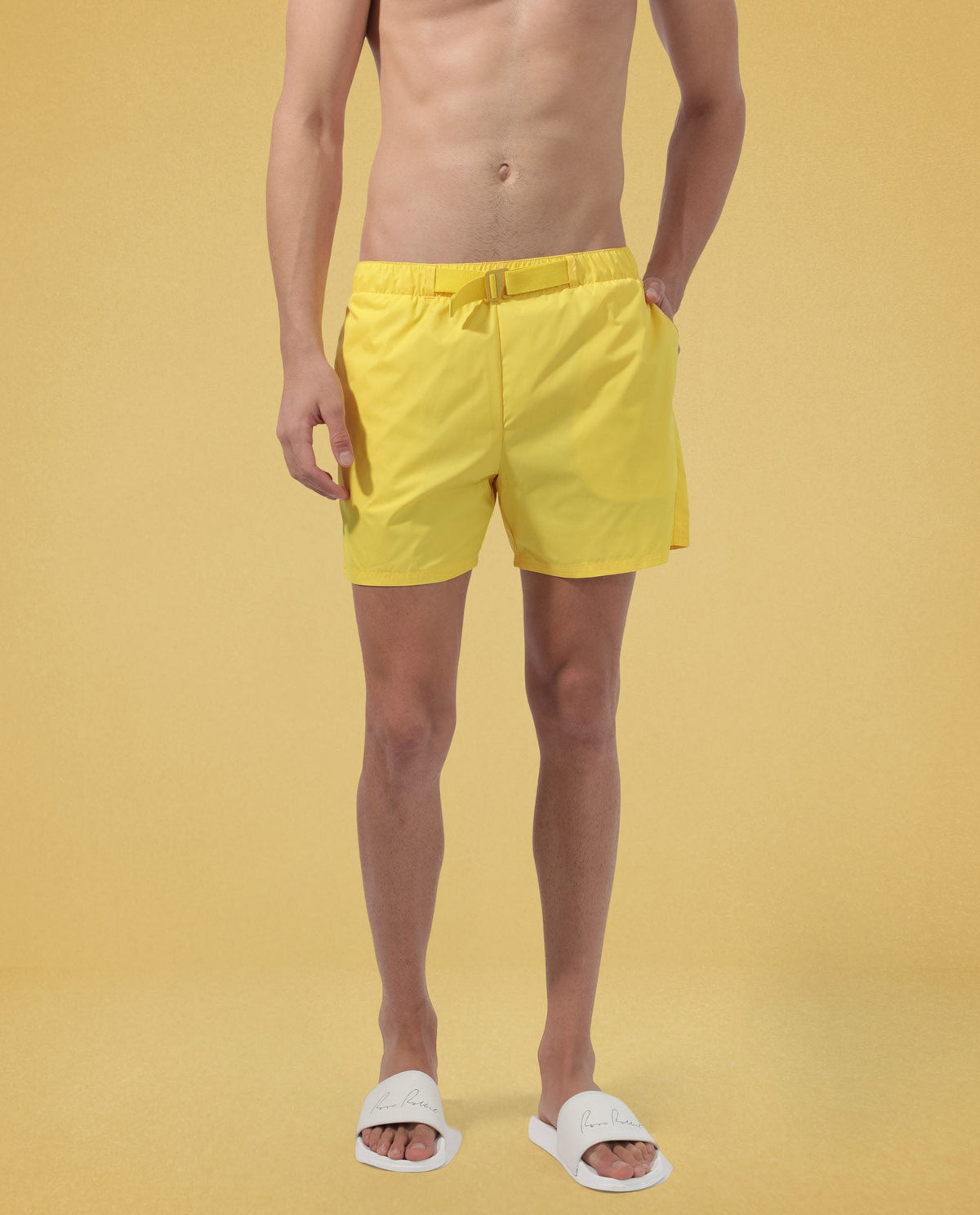 Rare Rabbit Men's Kort Yellow Polyester Fabric Buckle Fastening Regular Fit Solid Shorts