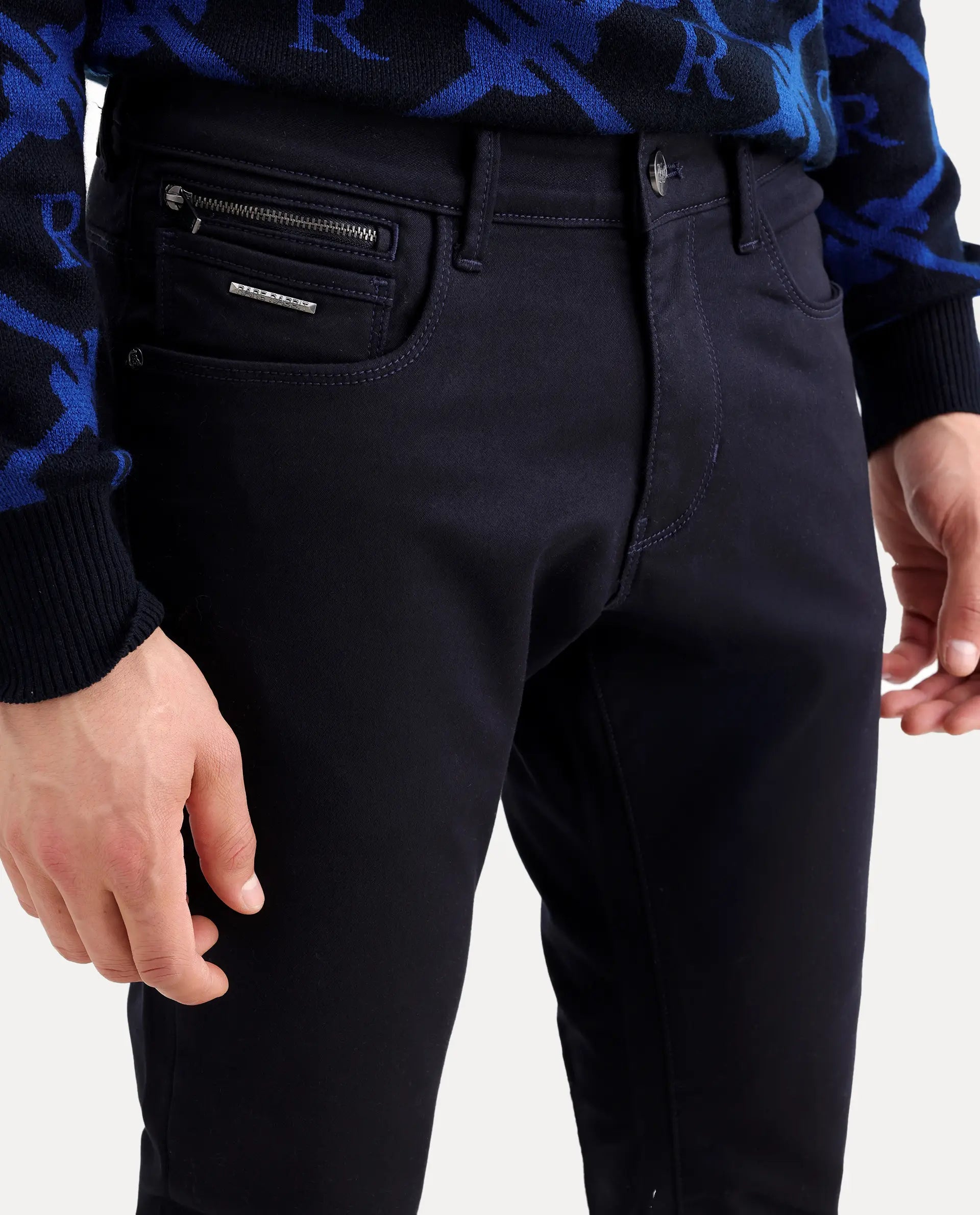 Rare Rabbit Men's Korv 26 Navy Cotton Blend Fabric Hawk Slim Plain Jeans