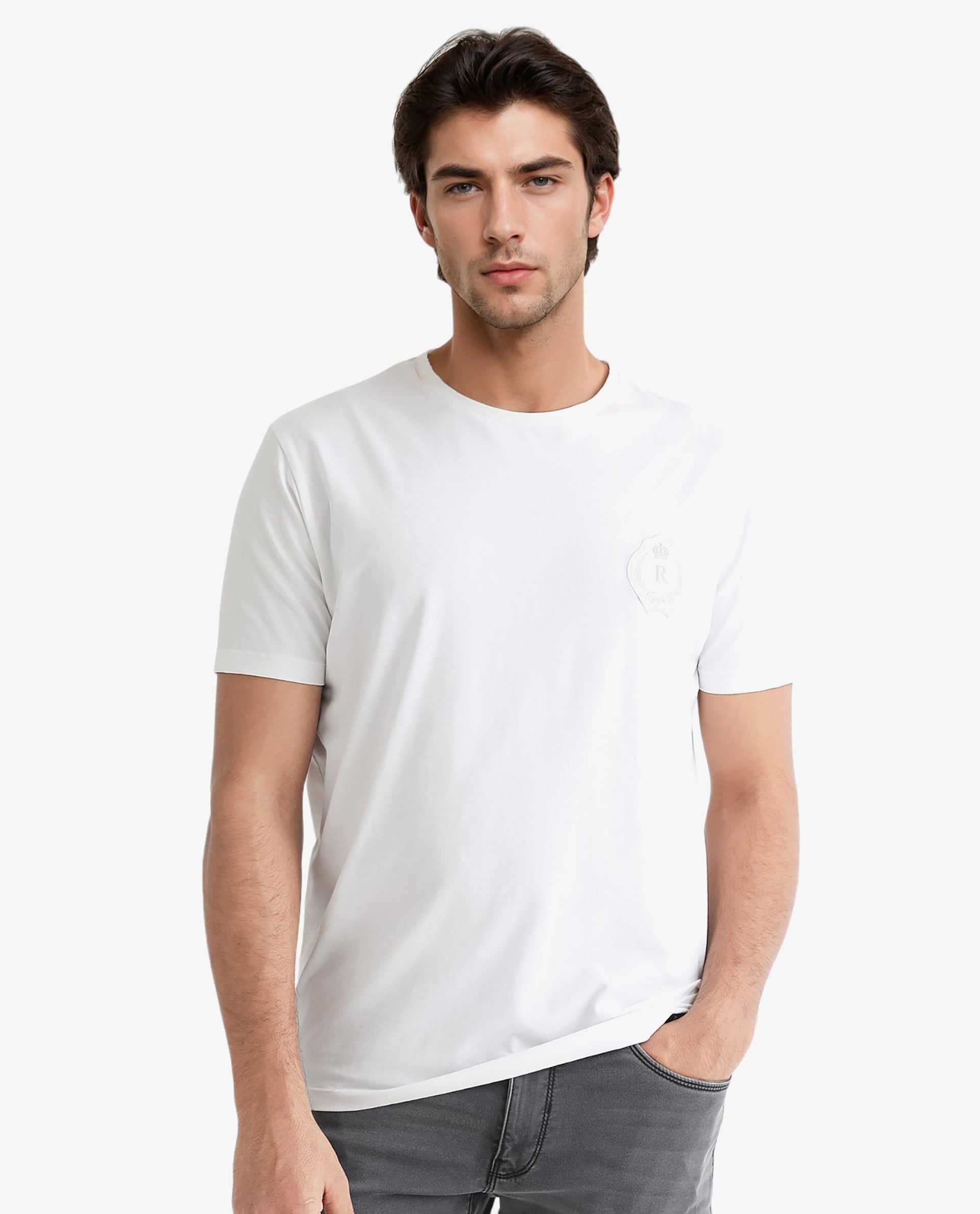 Rare Rabbit Men's Kos White Solid Crew Neck Chest Embroidered Label Branding Half Sleeves Regular Fit T-Shirt