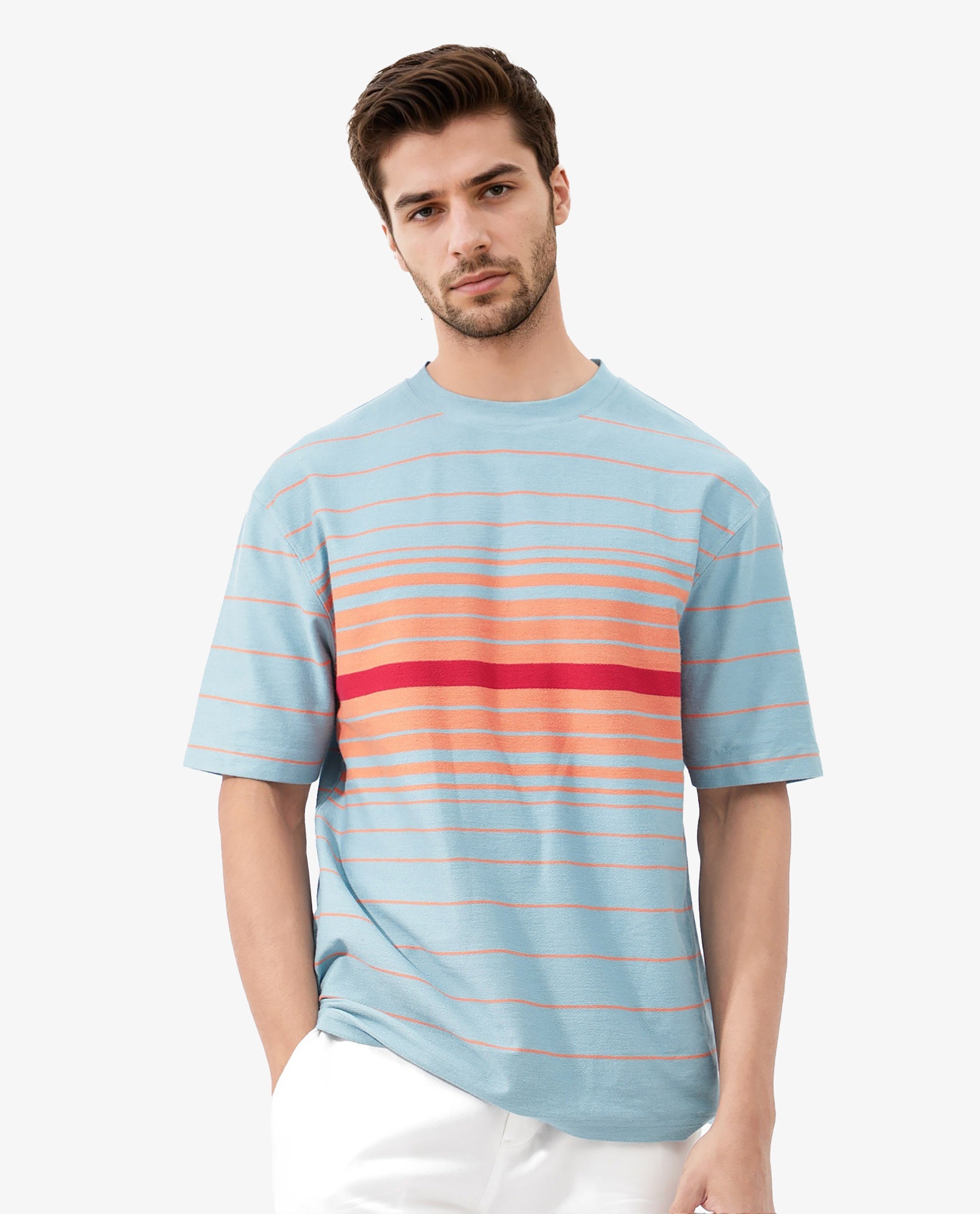 Rare Rabbit Mens Kot Dusky Blue Cotton Fabric Short Sleeves Oversized Fit Stripe T-Shirt