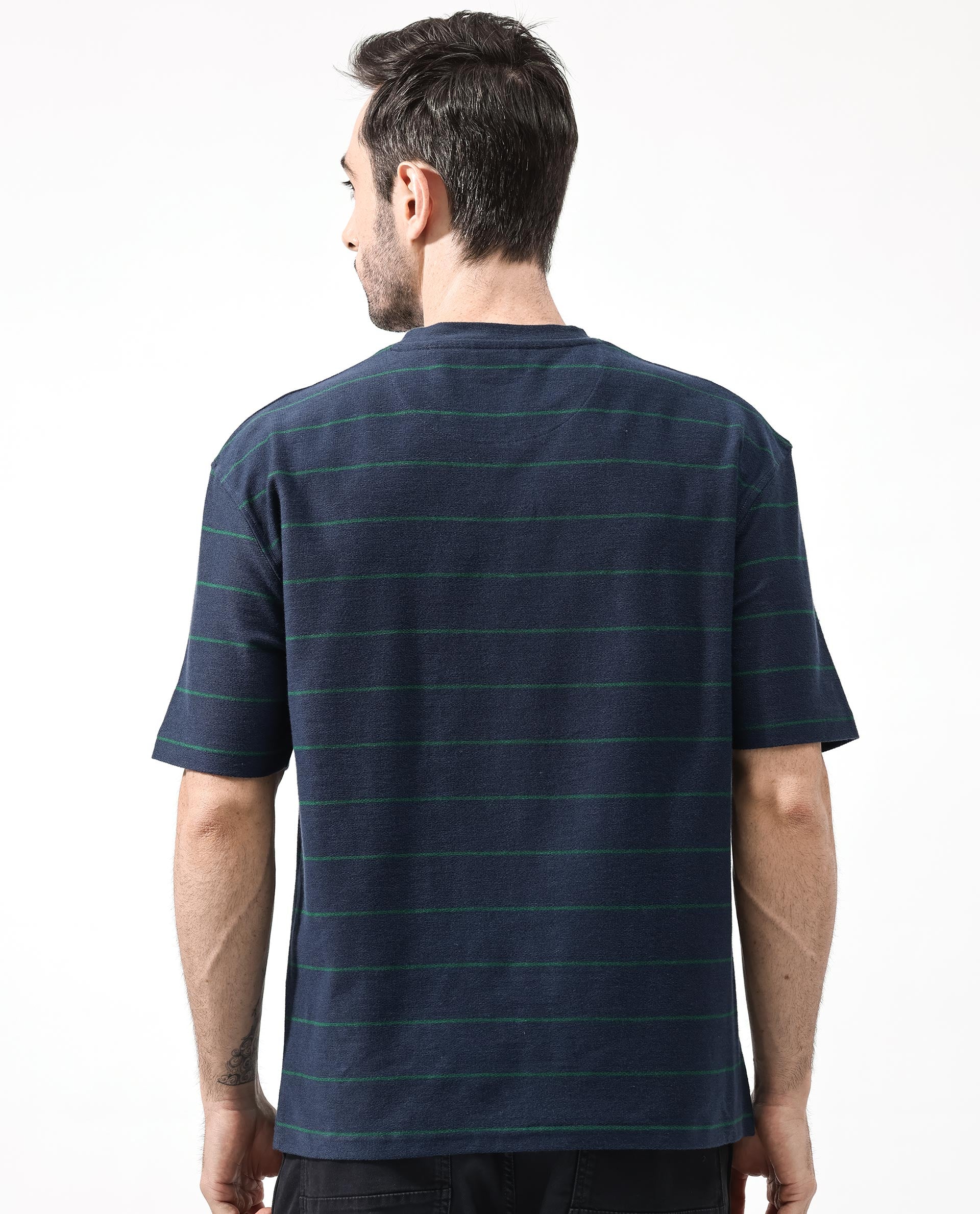 Rare Rabbit Mens Kot Navy Cotton Fabric Short Sleeves Oversized Fit Stripe T-Shirt