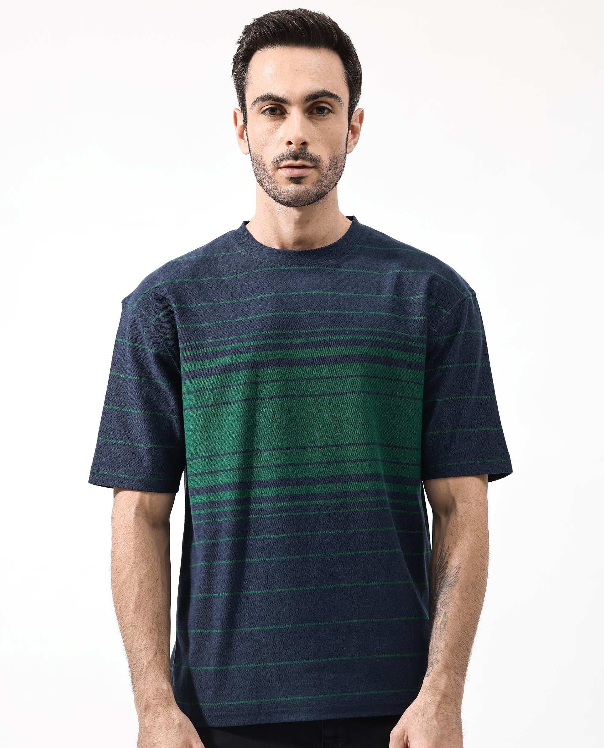 Rare Rabbit Mens Kot Navy Cotton Fabric Short Sleeves Oversized Fit Stripe T-Shirt