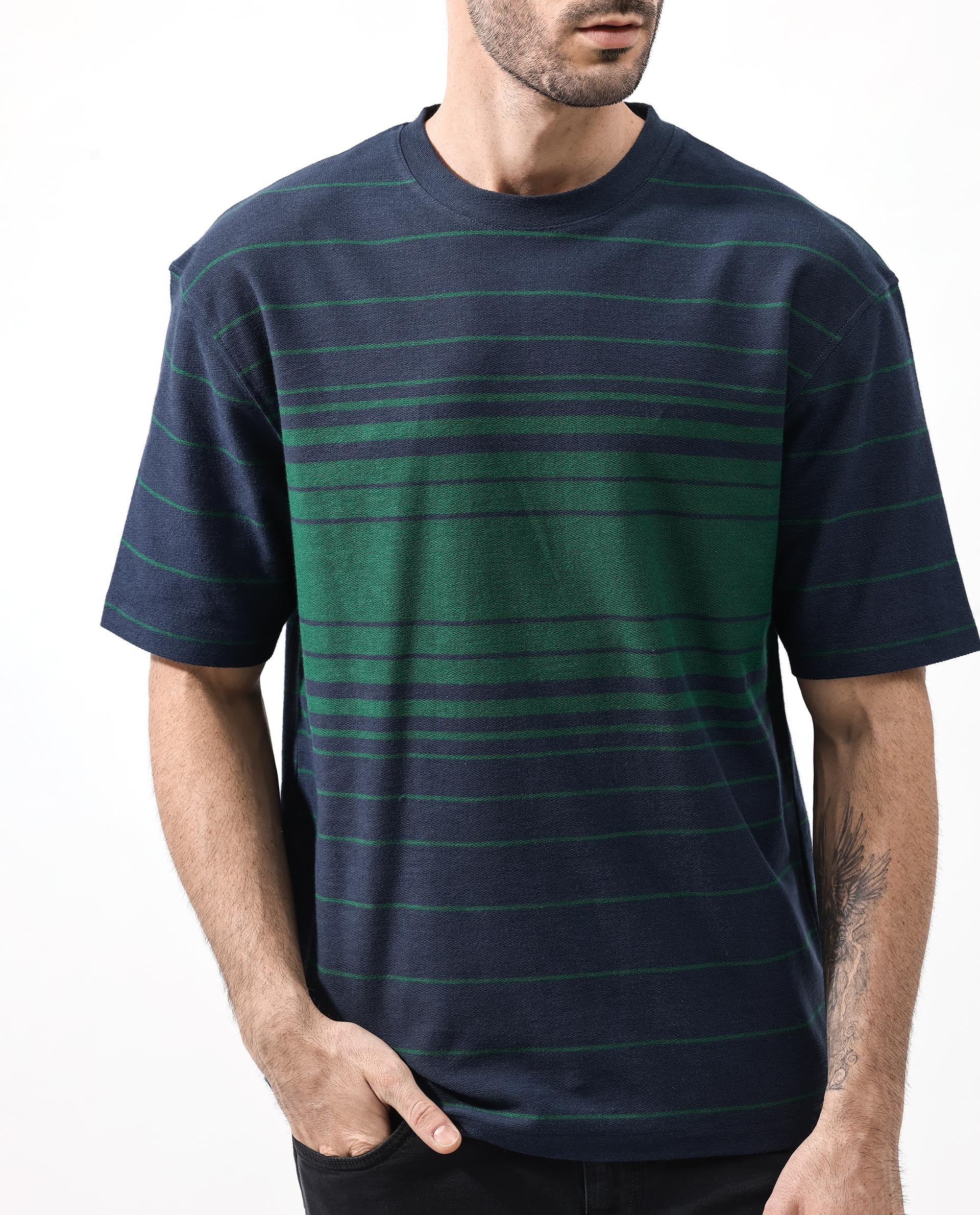 Rare Rabbit Mens Kot Navy Cotton Fabric Short Sleeves Oversized Fit Stripe T-Shirt