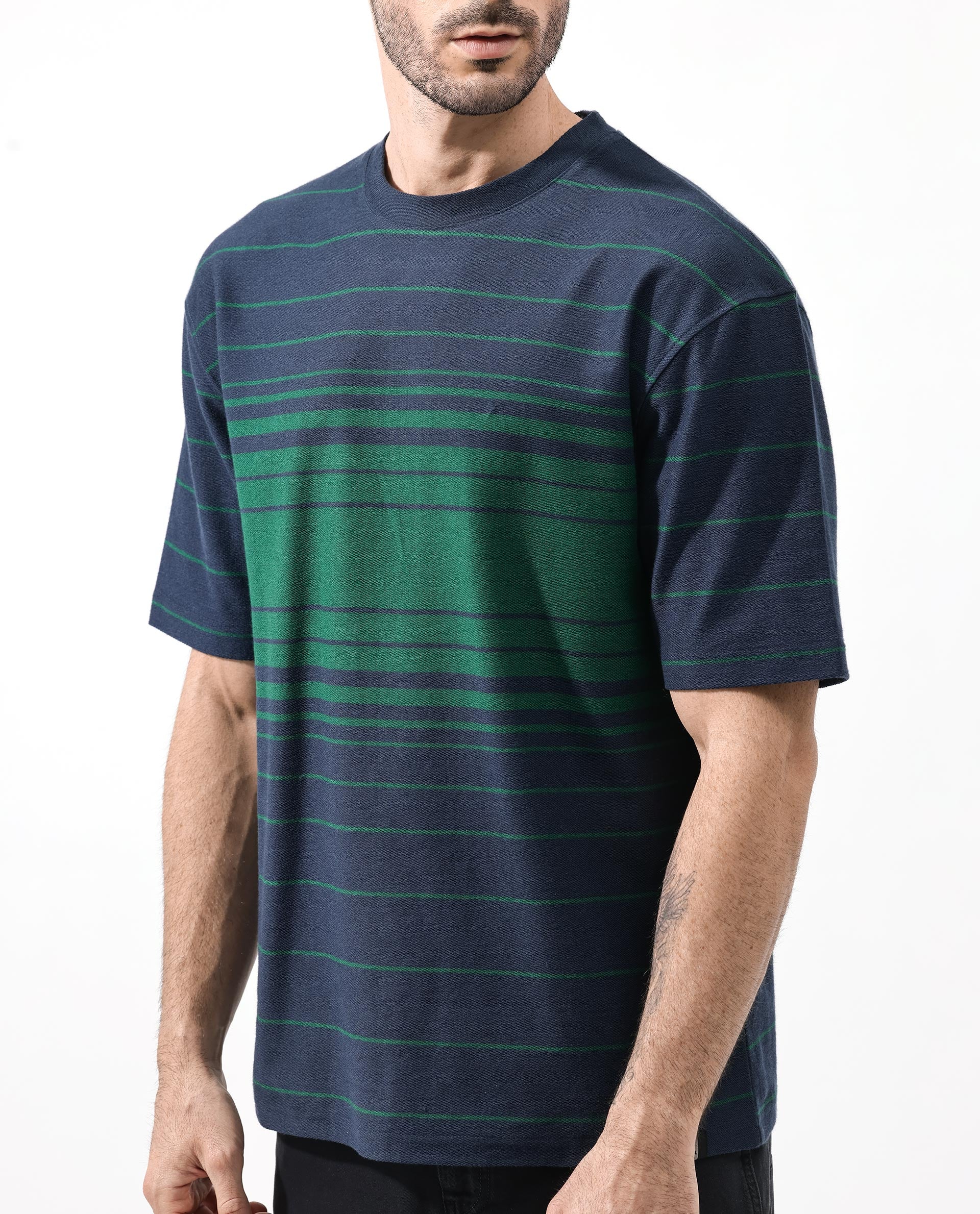 Rare Rabbit Mens Kot Navy Cotton Fabric Short Sleeves Oversized Fit Stripe T-Shirt