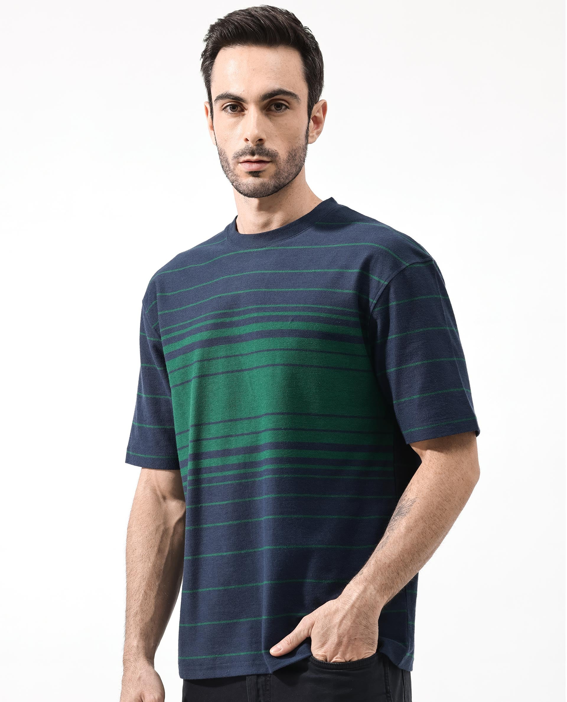 Rare Rabbit Mens Kot Navy Cotton Fabric Short Sleeves Oversized Fit Stripe T-Shirt