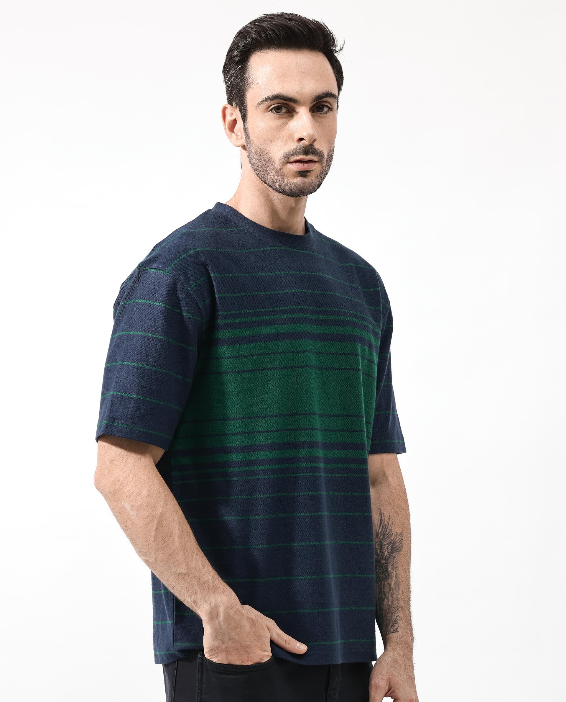 Rare Rabbit Mens Kot Navy Cotton Fabric Short Sleeves Oversized Fit Stripe T-Shirt