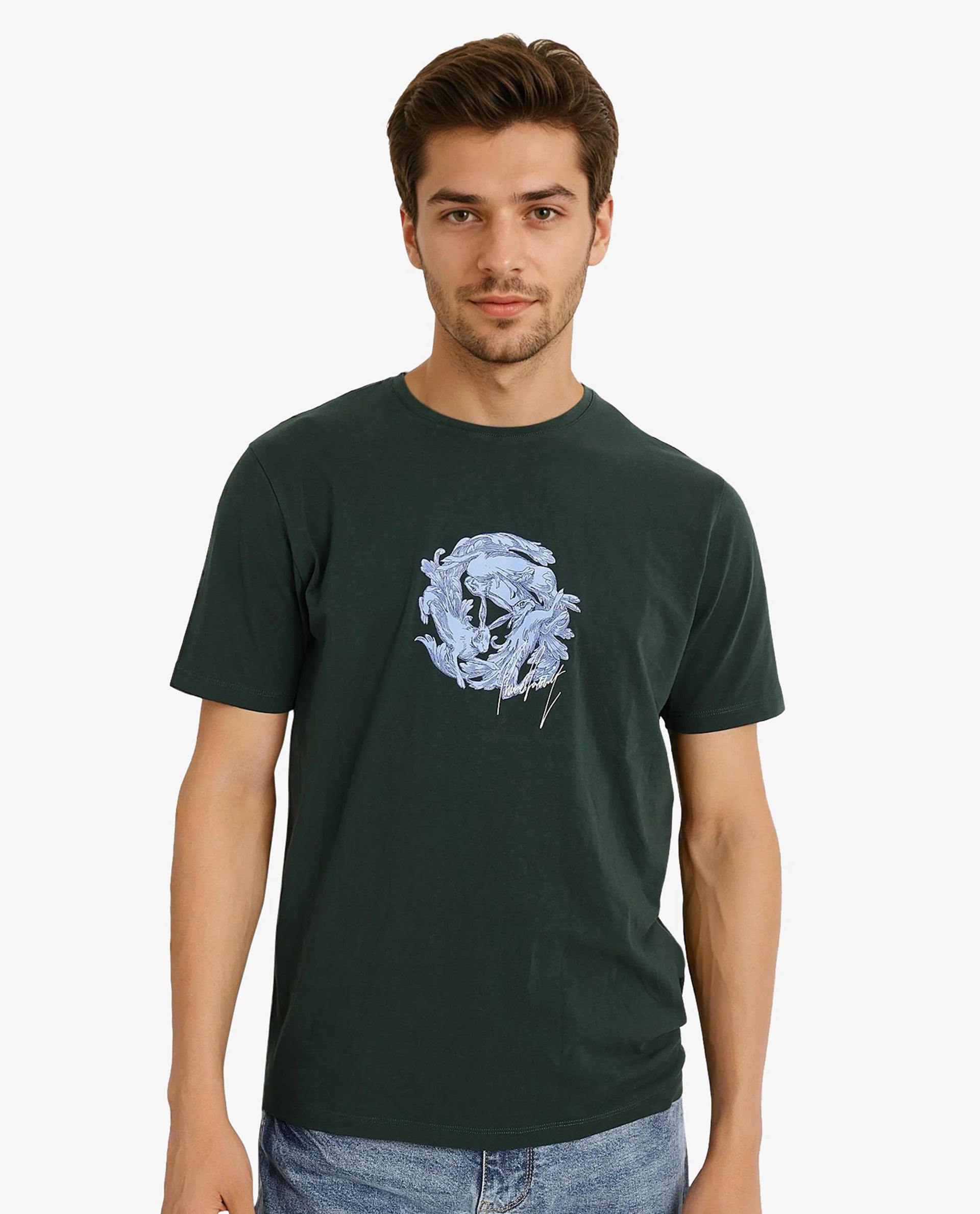 Rare Rabbit Men Kowl Dark Green Cotton Lycra Fabric Short Sleeve Crew Neck Regular Fit Graphic Print T-Shirt