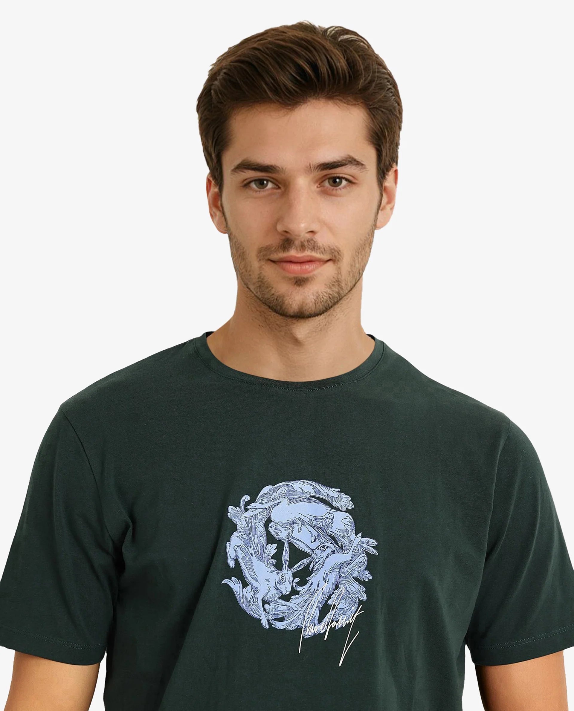 Rare Rabbit Men Kowl Dark Green Cotton Lycra Fabric Short Sleeve Crew Neck Regular Fit Graphic Print T-Shirt