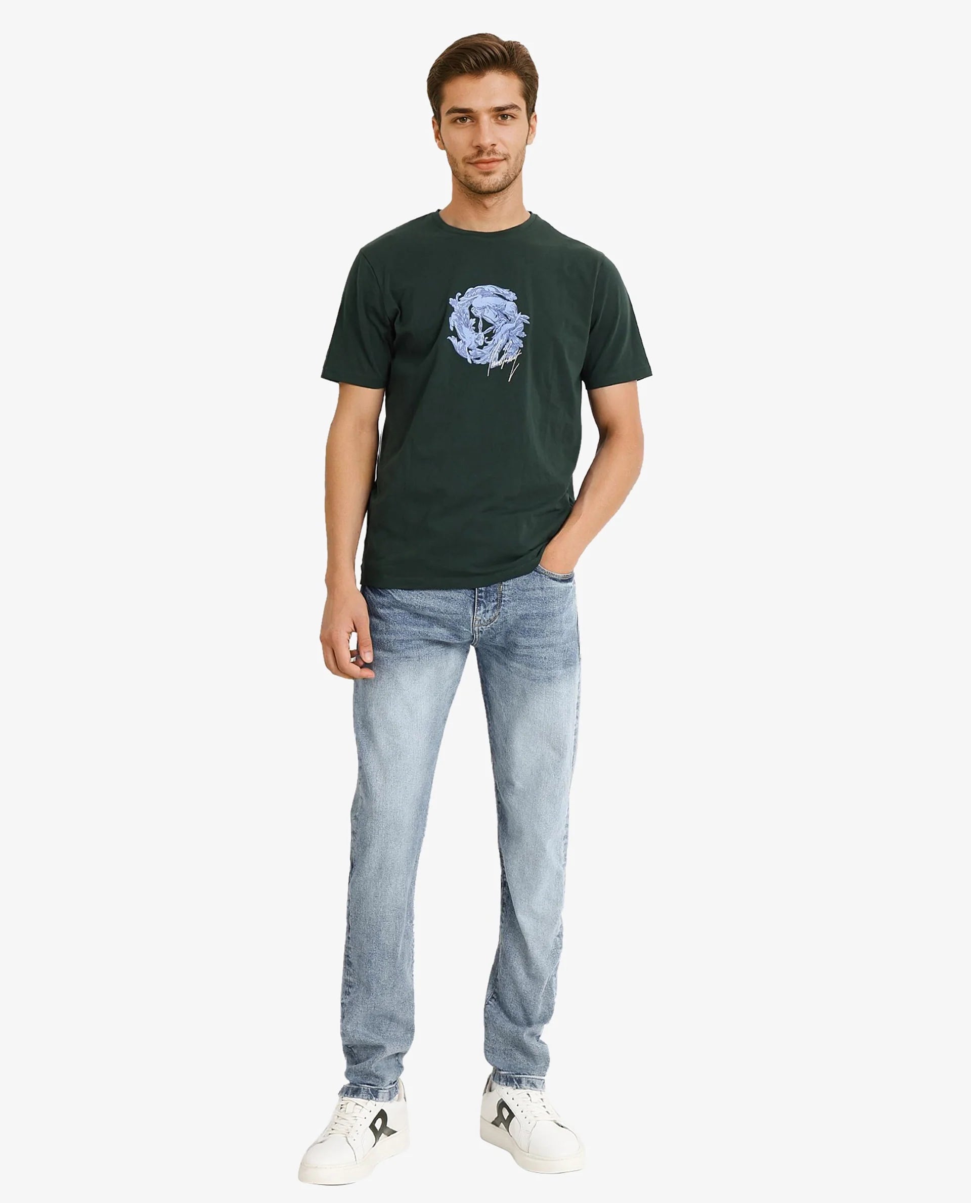 Rare Rabbit Men Kowl Dark Green Cotton Lycra Fabric Short Sleeve Crew Neck Regular Fit Graphic Print T-Shirt