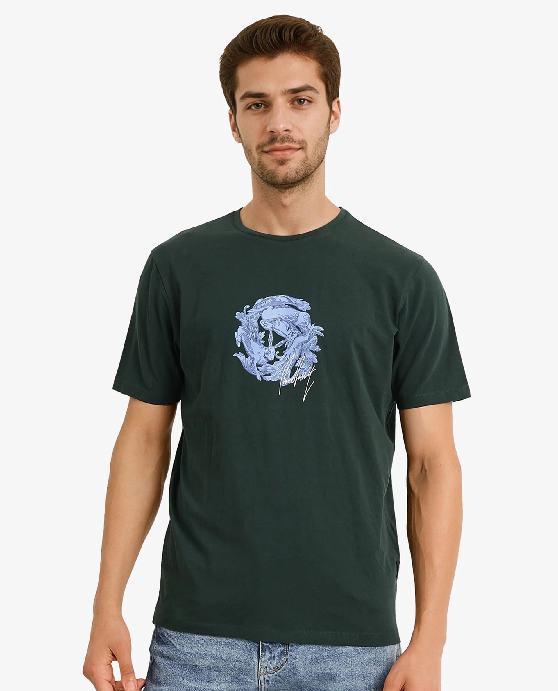 Rare Rabbit Men Kowl Dark Green Cotton Lycra Fabric Short Sleeve Crew Neck Regular Fit Graphic Print T-Shirt