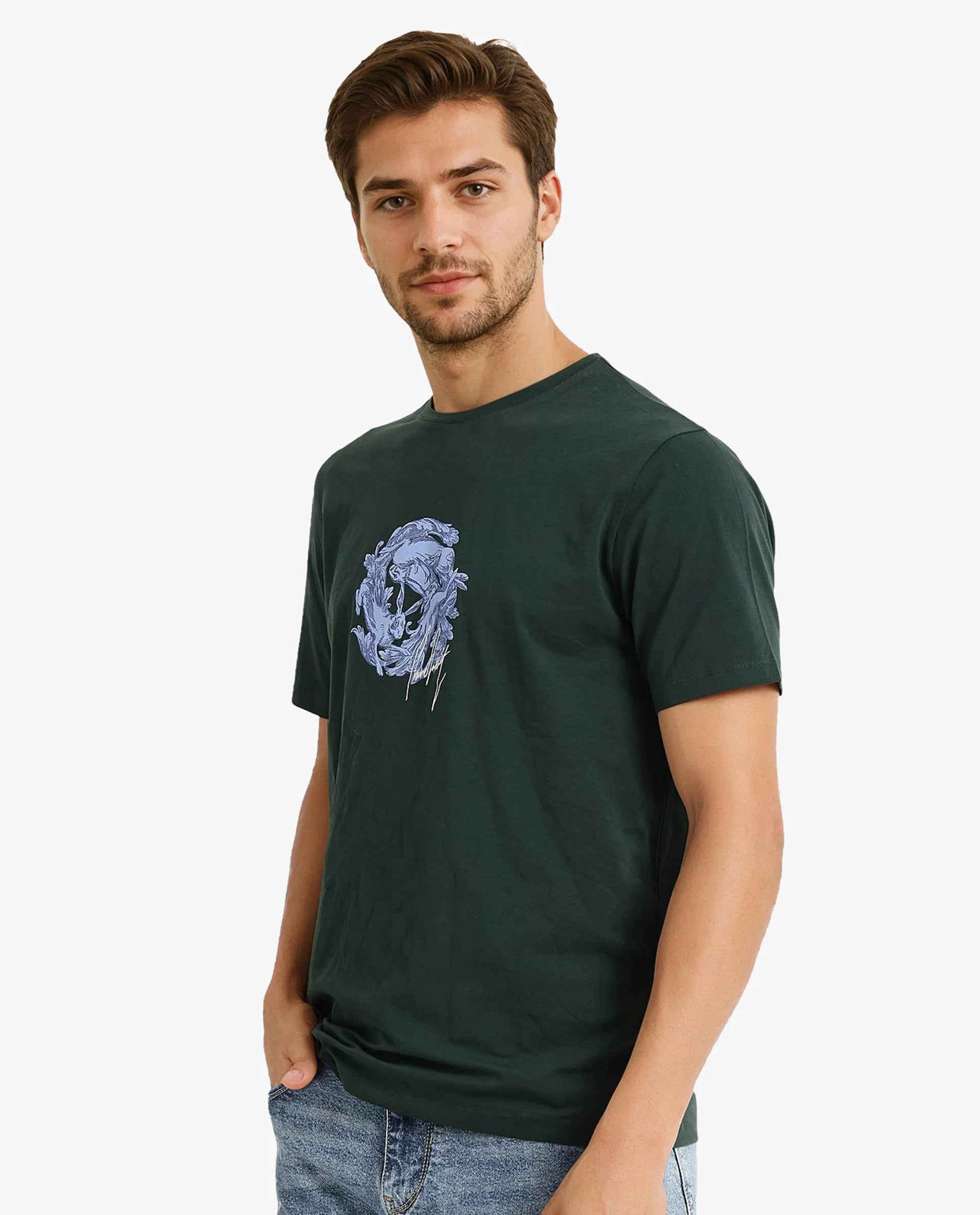 Rare Rabbit Men Kowl Dark Green Cotton Lycra Fabric Short Sleeve Crew Neck Regular Fit Graphic Print T-Shirt
