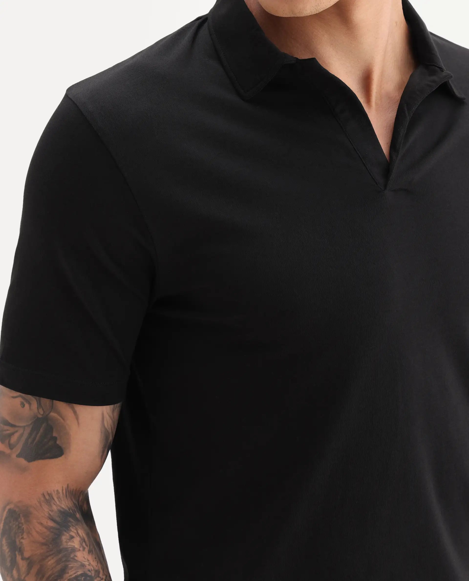 Rare Rabbit Men's Krib-1 Black Cotton Plain Regular Fit Half Sleeve Polo