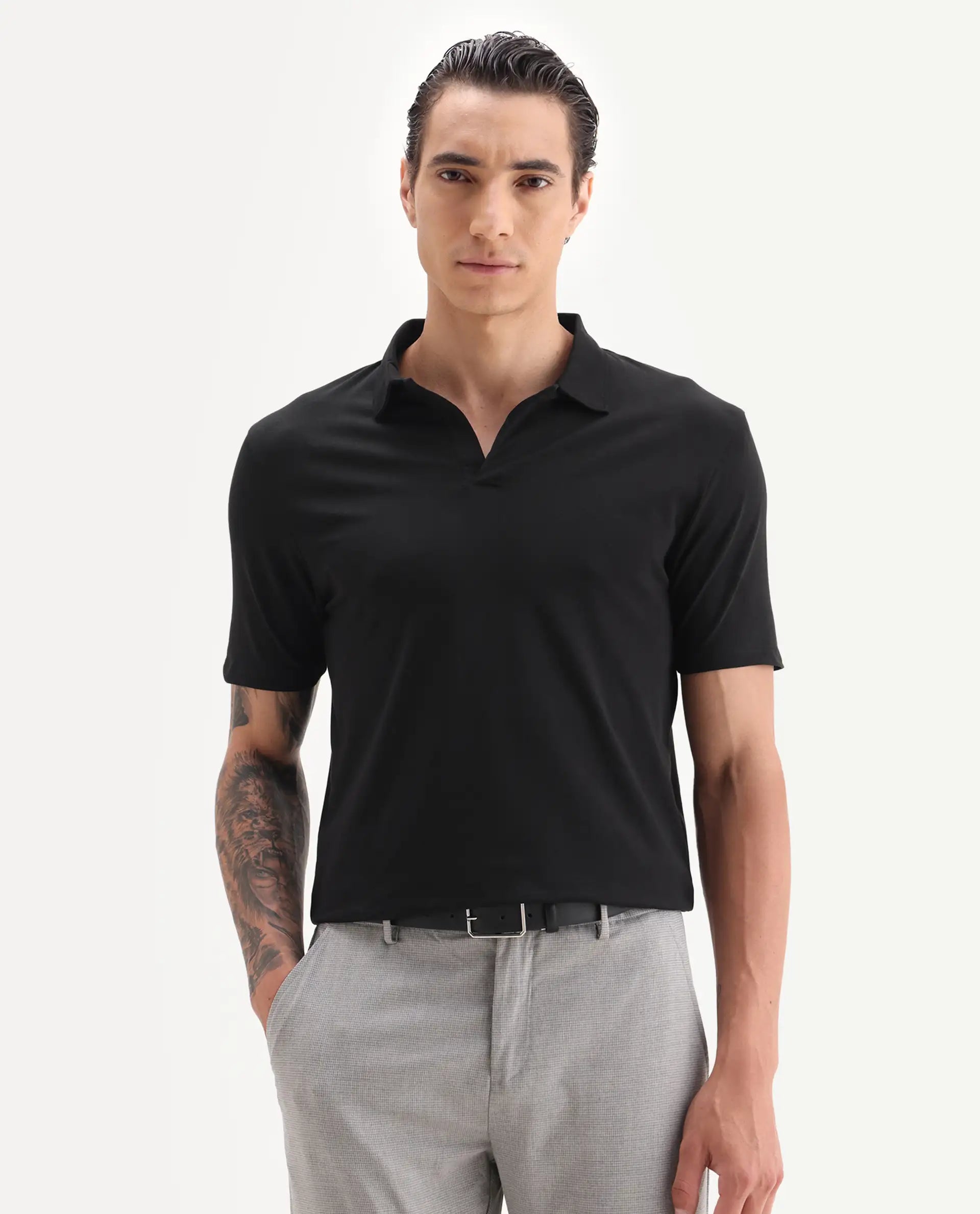 Rare Rabbit Men's Krib-1 Black Cotton Plain Regular Fit Half Sleeve Polo