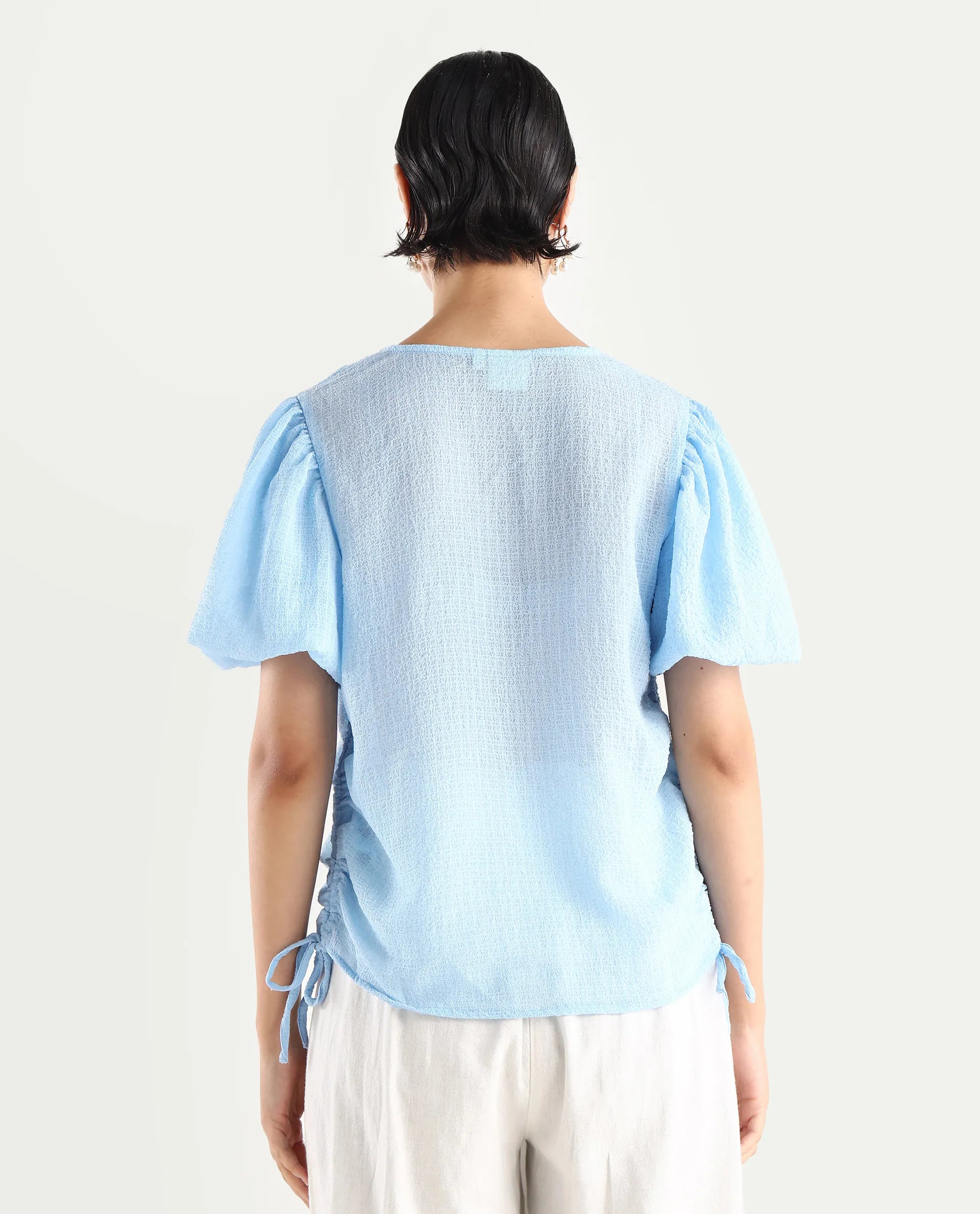 Rareism Women's Krien Light Blue Polyester V-Neck Plain Balloon Sleeve Regular Fit Top