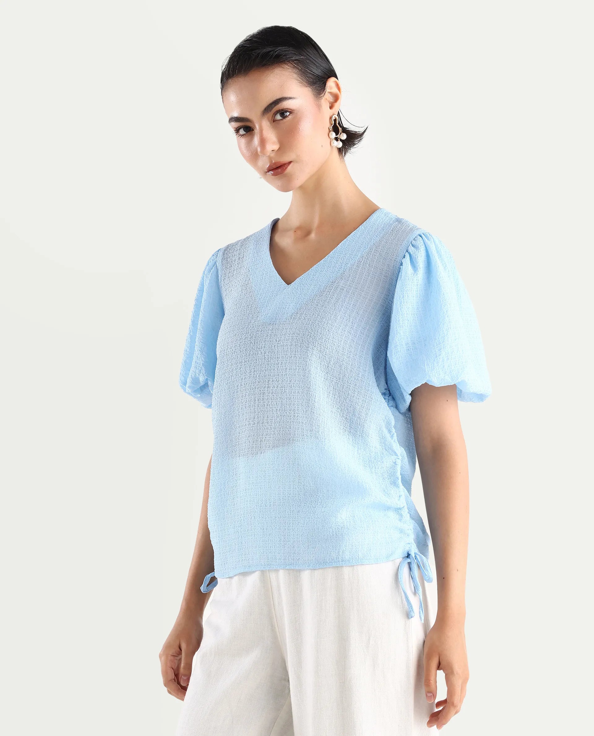 Rareism Women's Krien Light Blue Polyester V-Neck Plain Balloon Sleeve Regular Fit Top