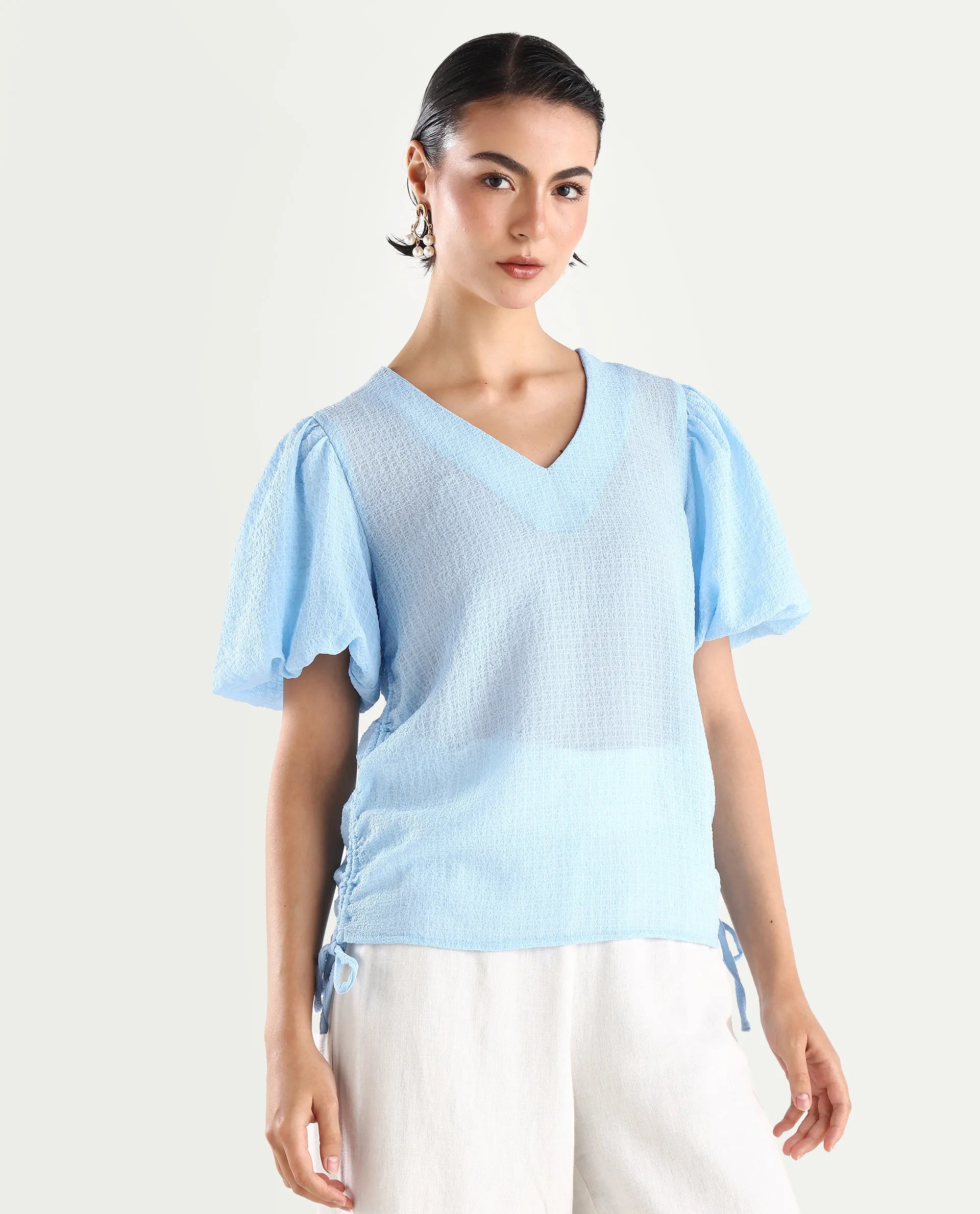 Rareism Women's Krien Light Blue Polyester V-Neck Plain Balloon Sleeve Regular Fit Top