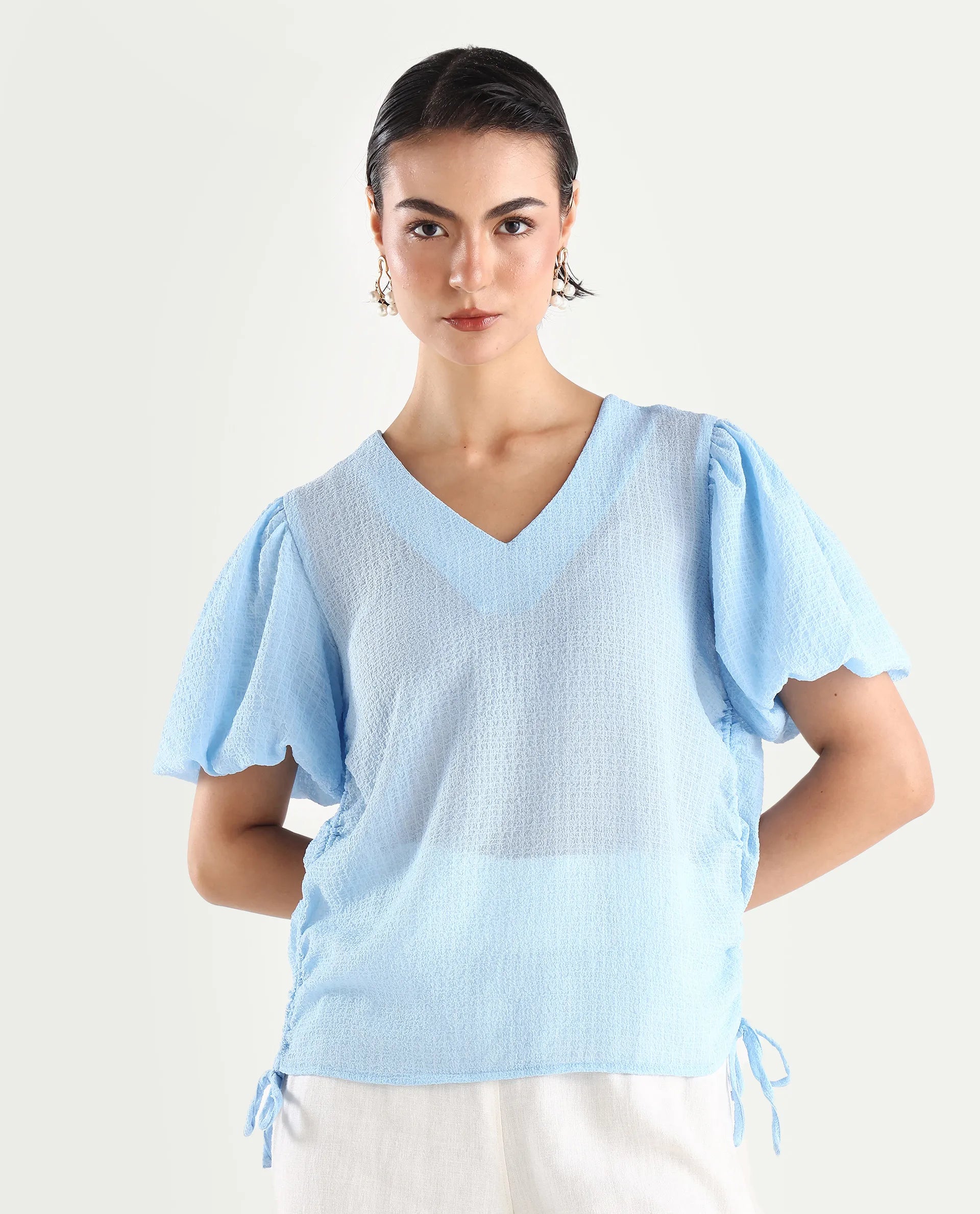 Rareism Women's Krien Light Blue Polyester V-Neck Plain Balloon Sleeve Regular Fit Top