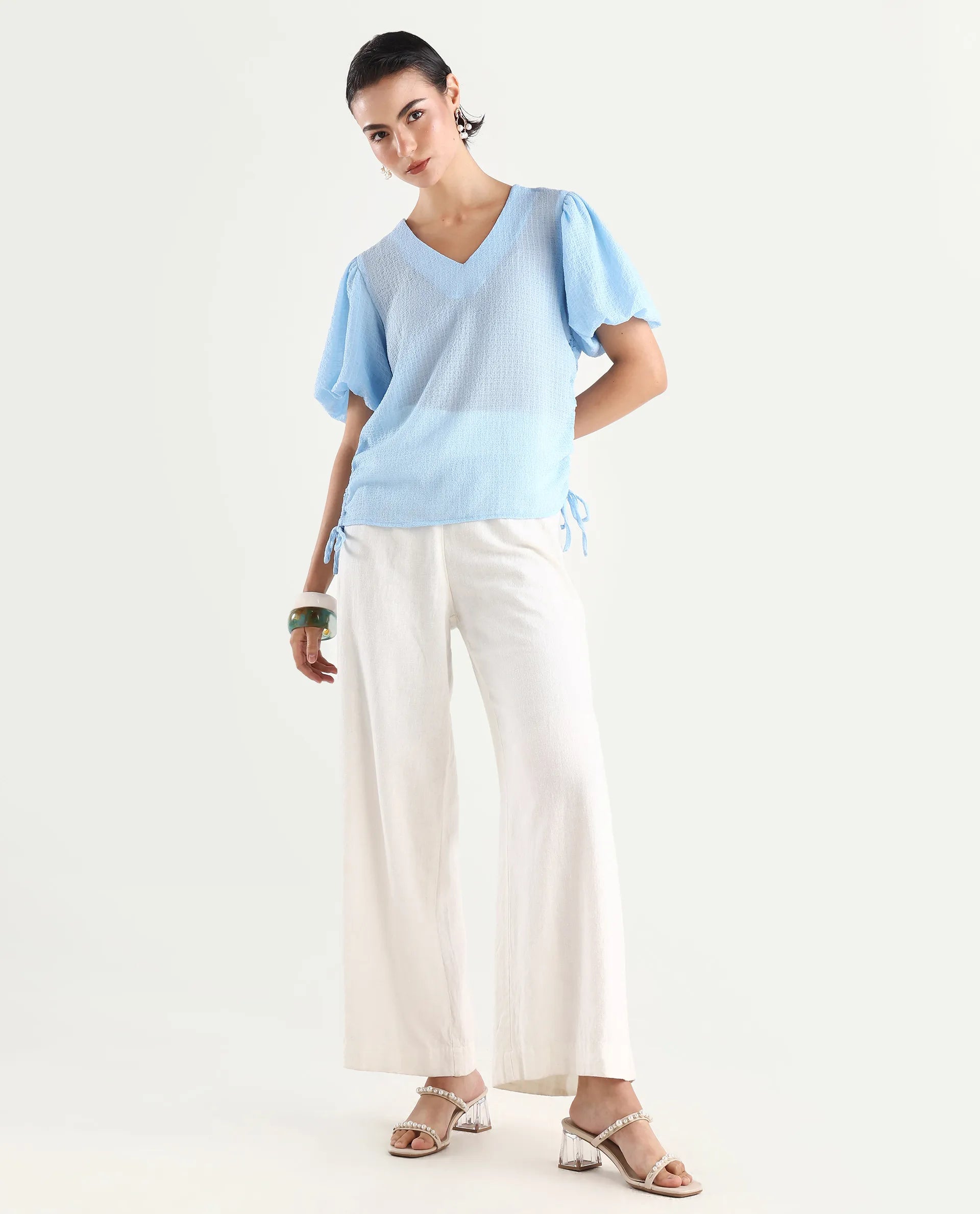 Rareism Women's Krien Light Blue Polyester V-Neck Plain Balloon Sleeve Regular Fit Top