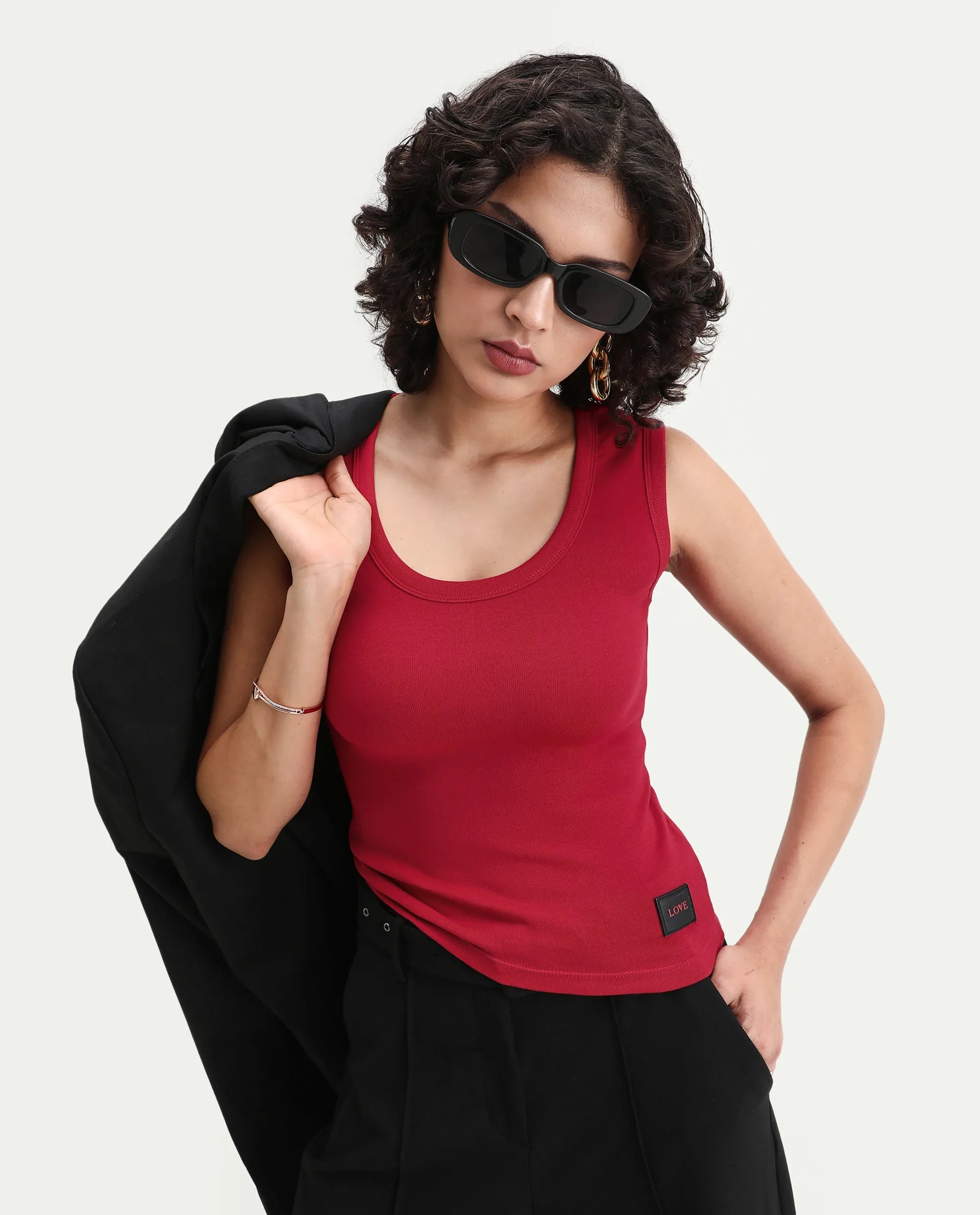 Rareism Women's Krip Red Cotton Boat Neck Plain Sleeveless Regular Fit T-Shirt