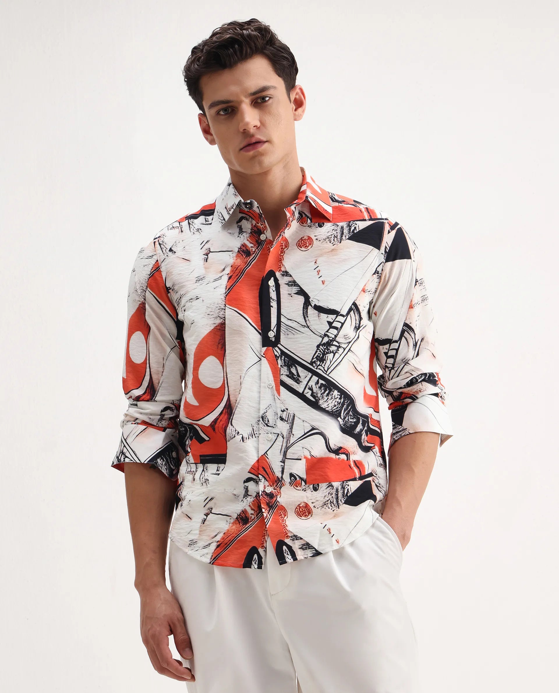 Rare Rabbit Men's Kufa White Viscose Blend Abstract Print Regular Fit Full Sleeve Collared Shirt