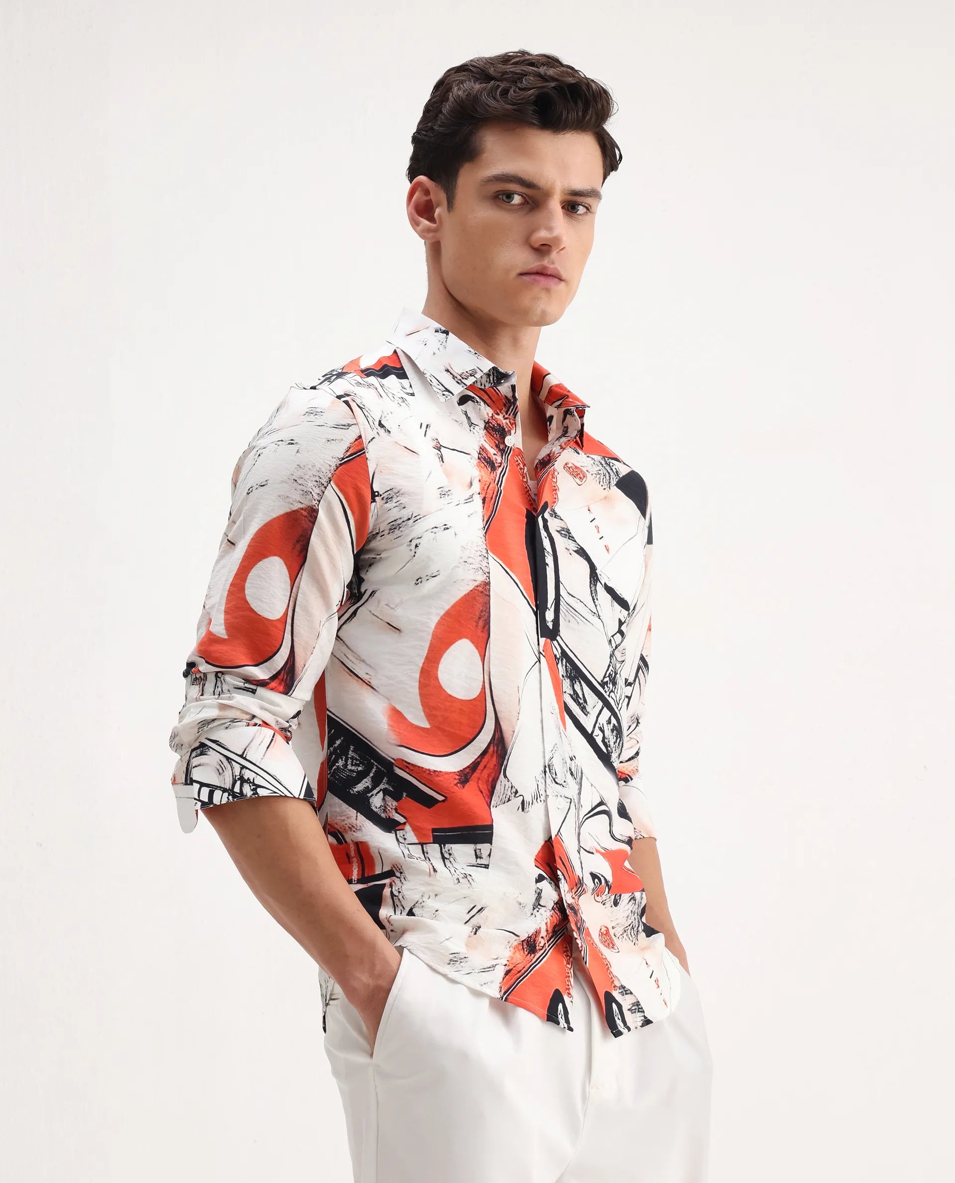 Rare Rabbit Men's Kufa White Viscose Blend Abstract Print Regular Fit Full Sleeve Collared Shirt