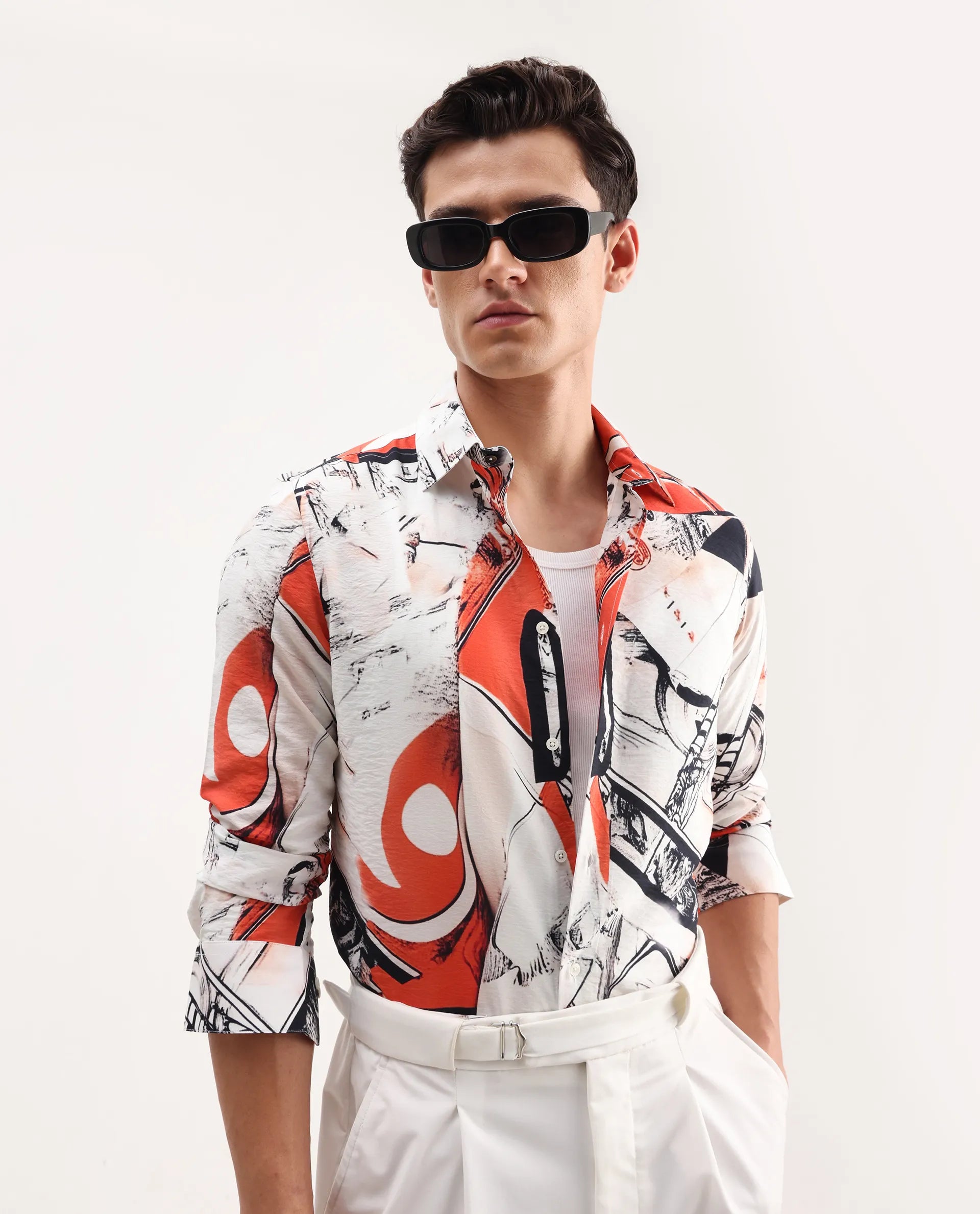 Rare Rabbit Men's Kufa White Viscose Blend Abstract Print Regular Fit Full Sleeve Collared Shirt