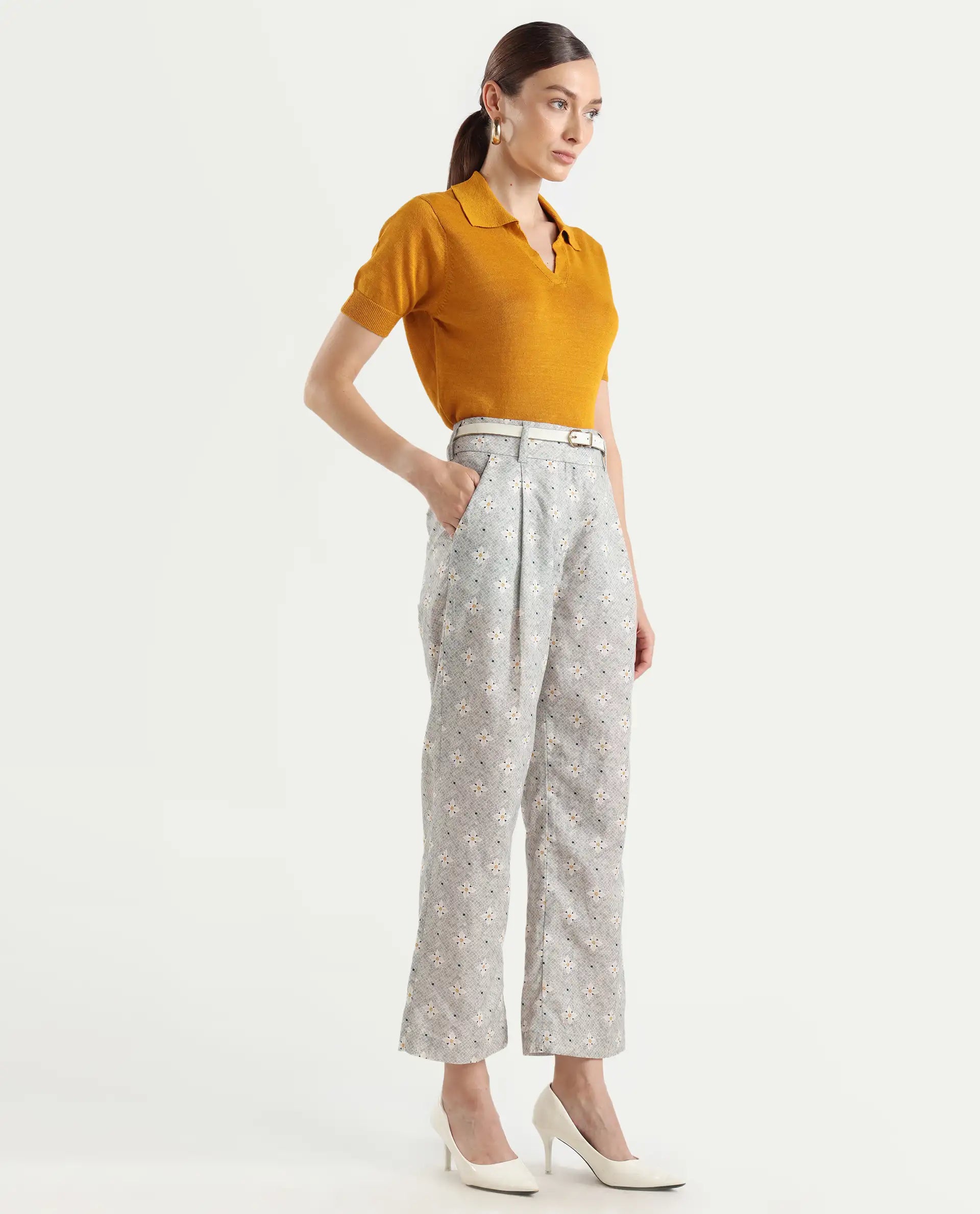 Rareism Women's Kuzal Light Grey Cotton Blend Floral Print Ankle Length Straight Fit Trouser