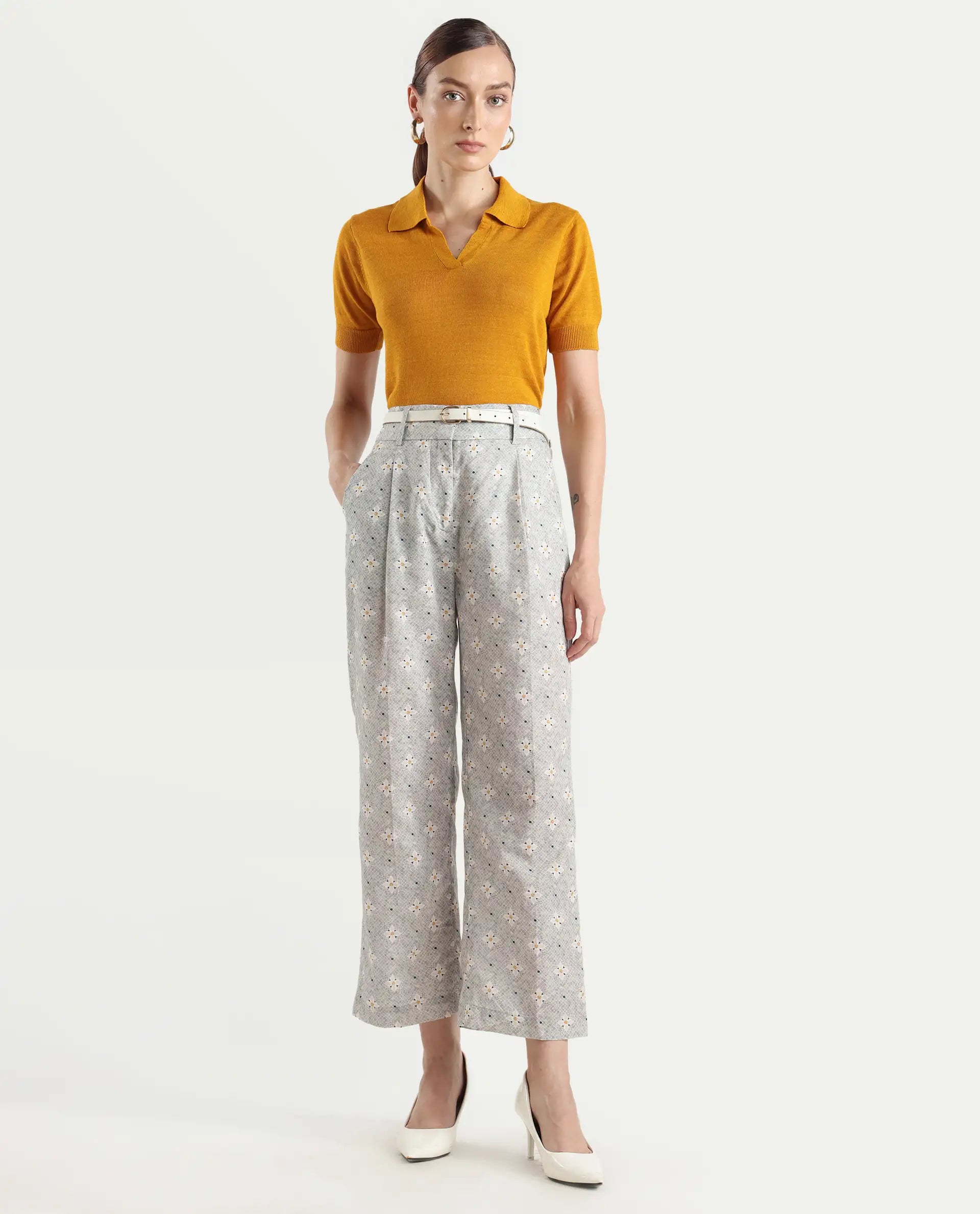 Rareism Women's Kuzal Light Grey Cotton Blend Floral Print Ankle Length Straight Fit Trouser