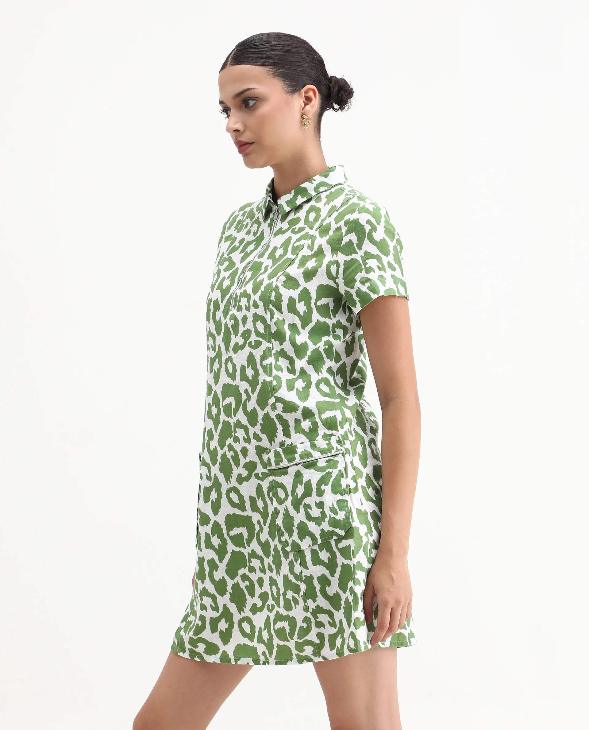 Rareism Women's Kyoti White Linen Spread Collar Abstract Print Regular Fit Dress